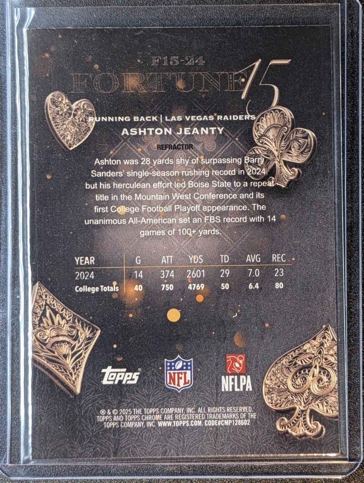 Back of 2025 Topps Chrome #F15-24 Ashton Jeanty RC Fortune 15 Refractor