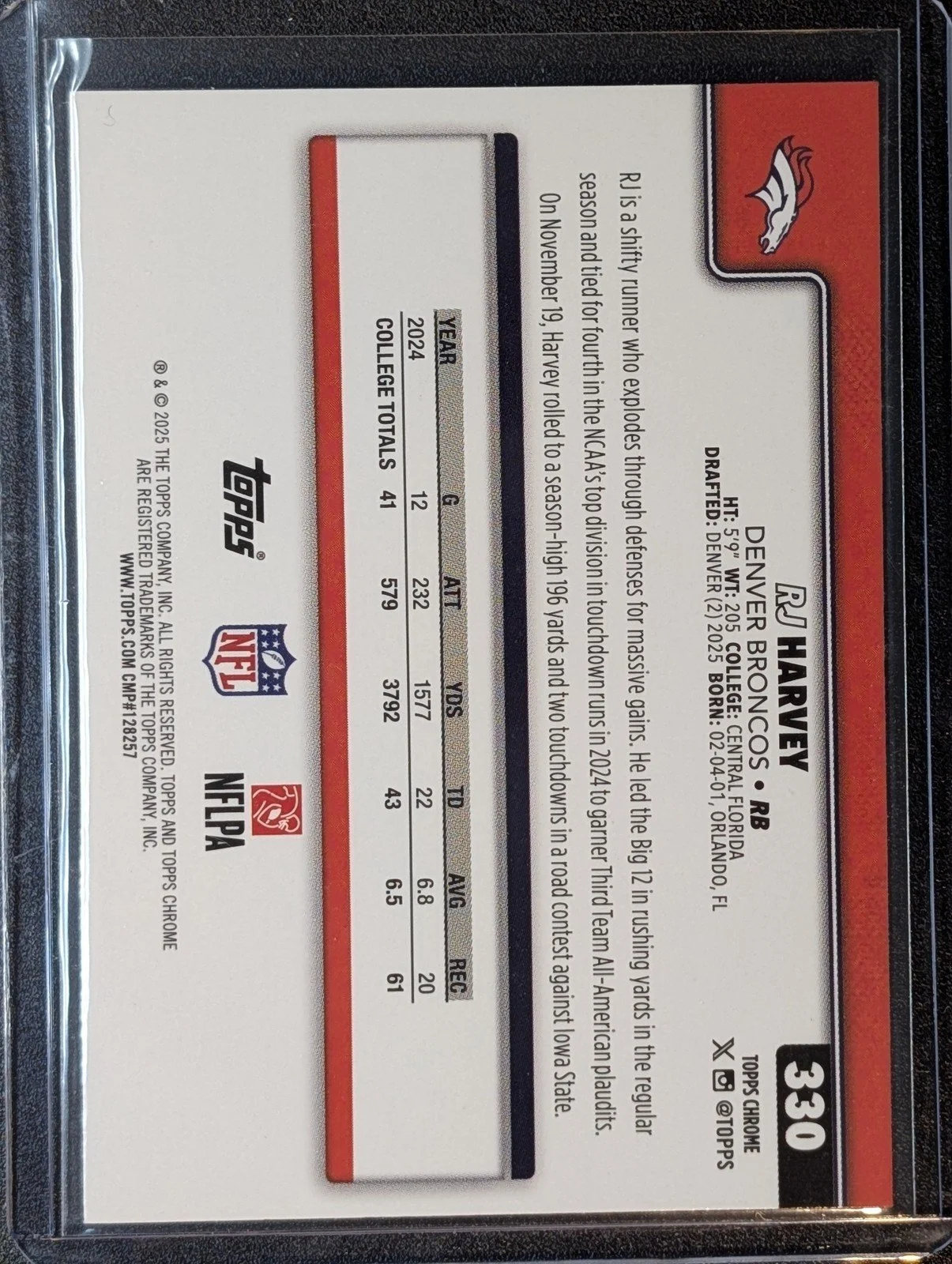 Back of 2025 Topps Chrome #330 RJ Harvey