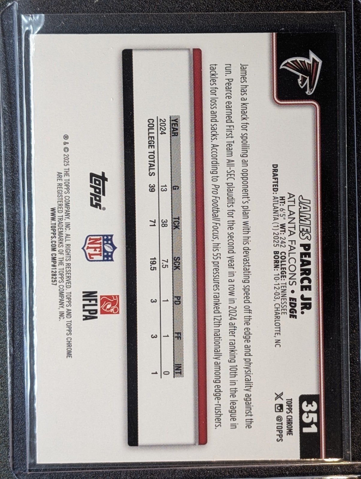 Back of 2025 Topps Chrome #351 James Pearce Jr. Lime Green X-Fractor