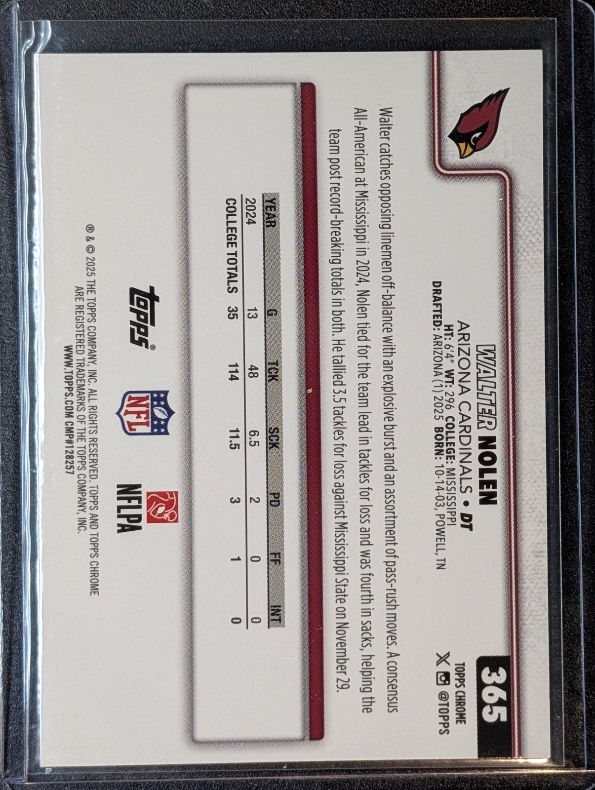 Back of 2025 Topps Chrome #365 Walter Nolen