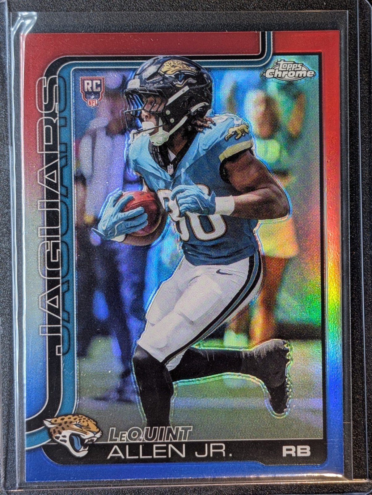Front of 2025 Topps Chrome #384 LeQuint Allen Jr. Red White and Blue Refractor RC
