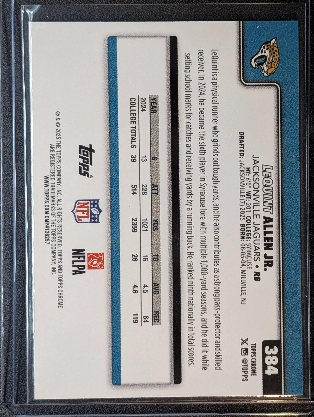Back of 2025 Topps Chrome #384 LeQuint Allen Jr. Red White and Blue Refractor RC