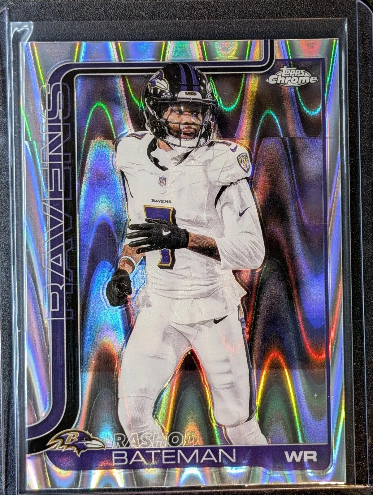 Front of 2025 Topps Chrome #21 Rashod Bateman Ray Wave Refractor