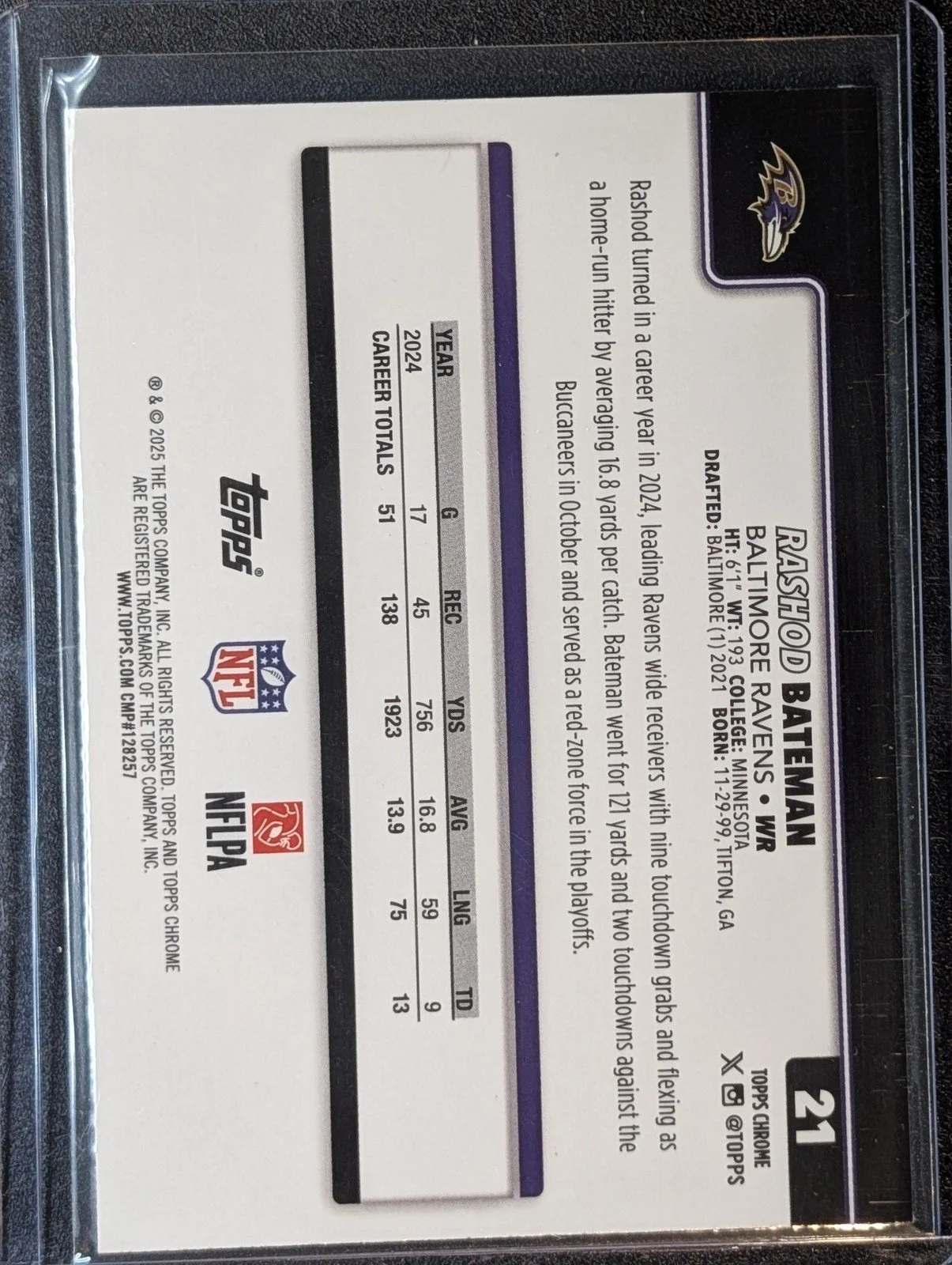 Back of 2025 Topps Chrome #21 Rashod Bateman Ray Wave Refractor