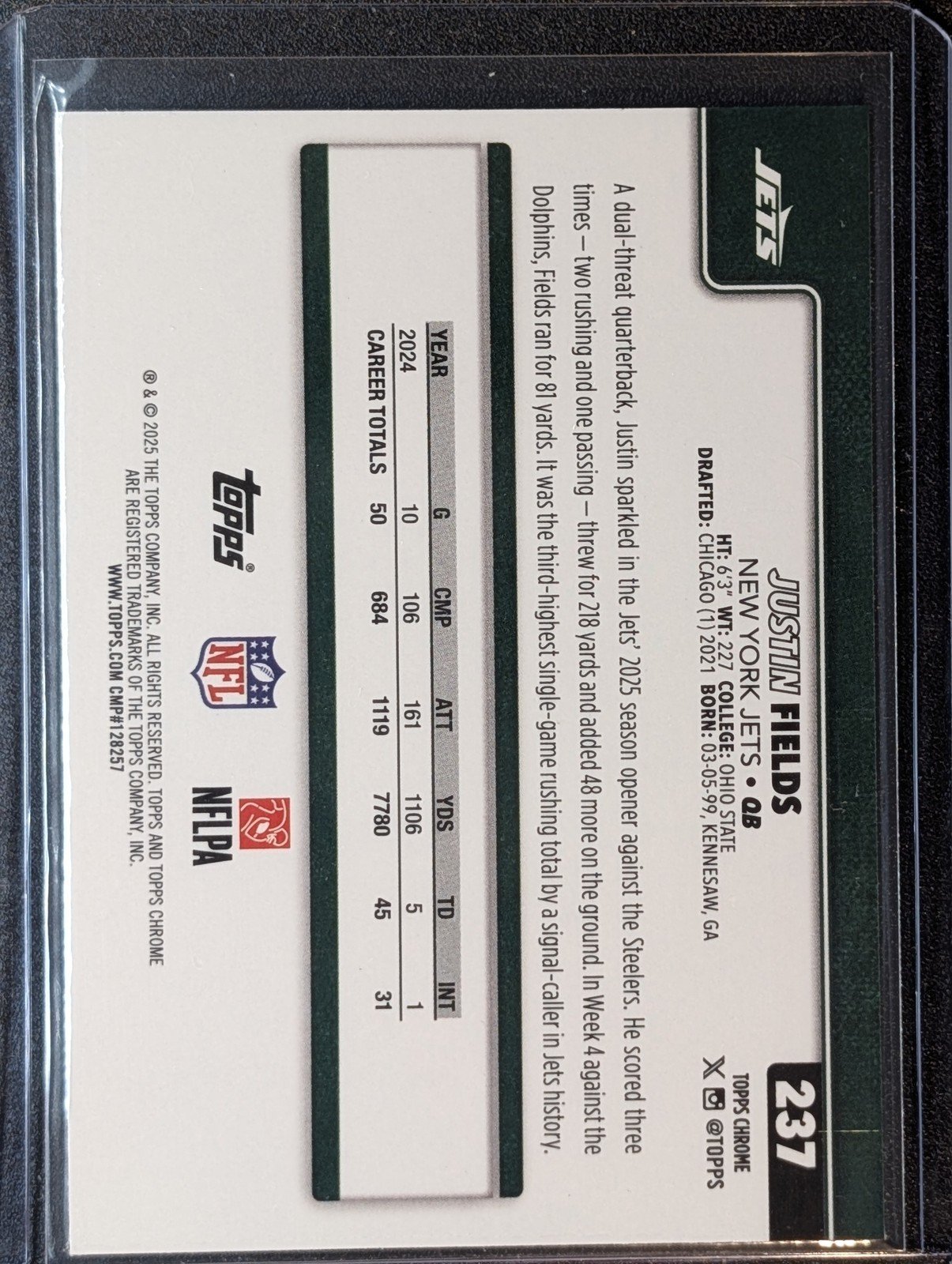 Back of 2025 Topps Chrome #237 Justin Fields Pulsar Refractor
