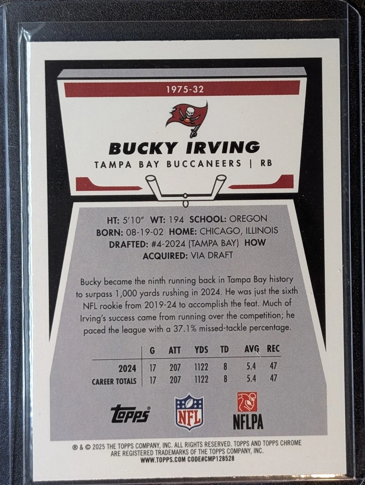 Back of 2025 Topps Chrome #1975-32 Bucky Irving