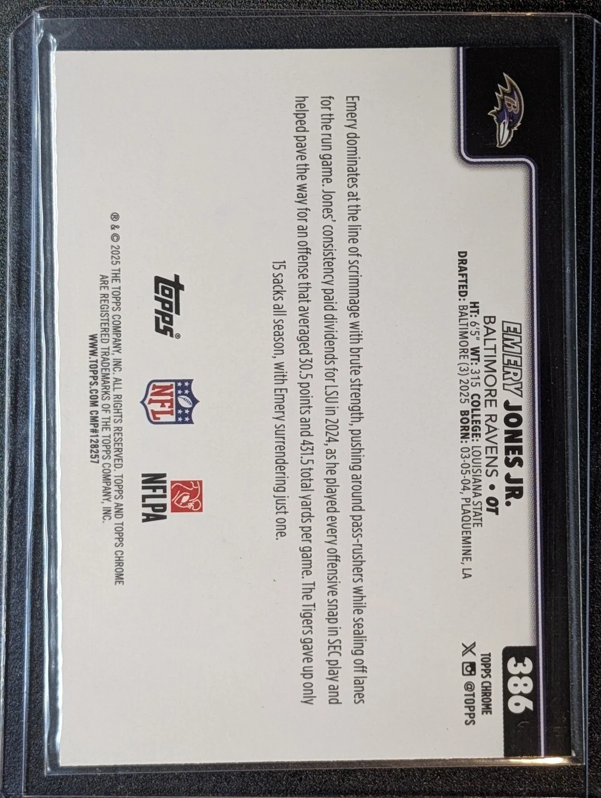 Back of 2025 Topps Chrome #386 Emery Jones Jr. Pulsar Refractor RC
