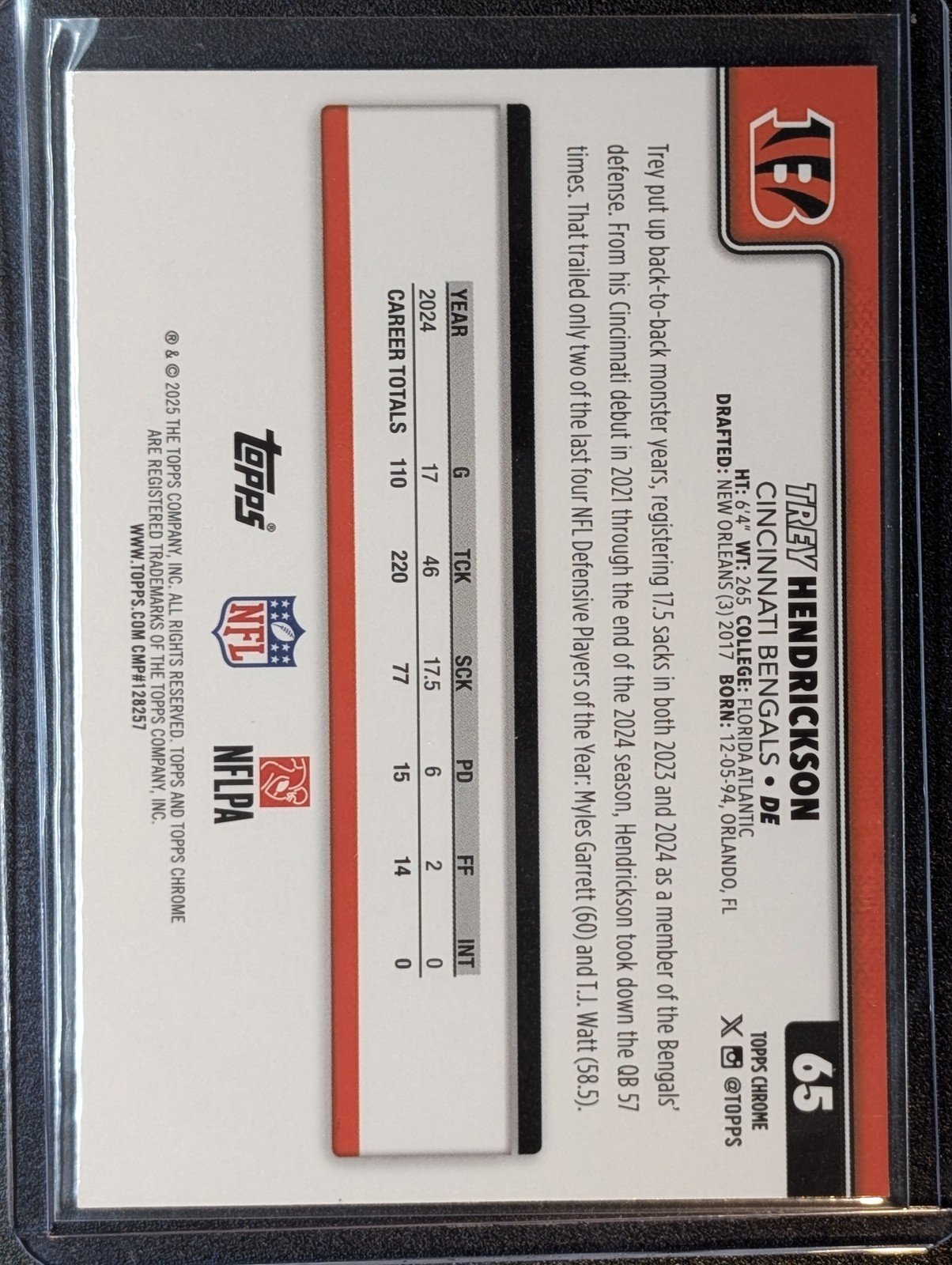Back of 2025 Topps Chrome #65 Trey Hendrickson Pulsar Refractor