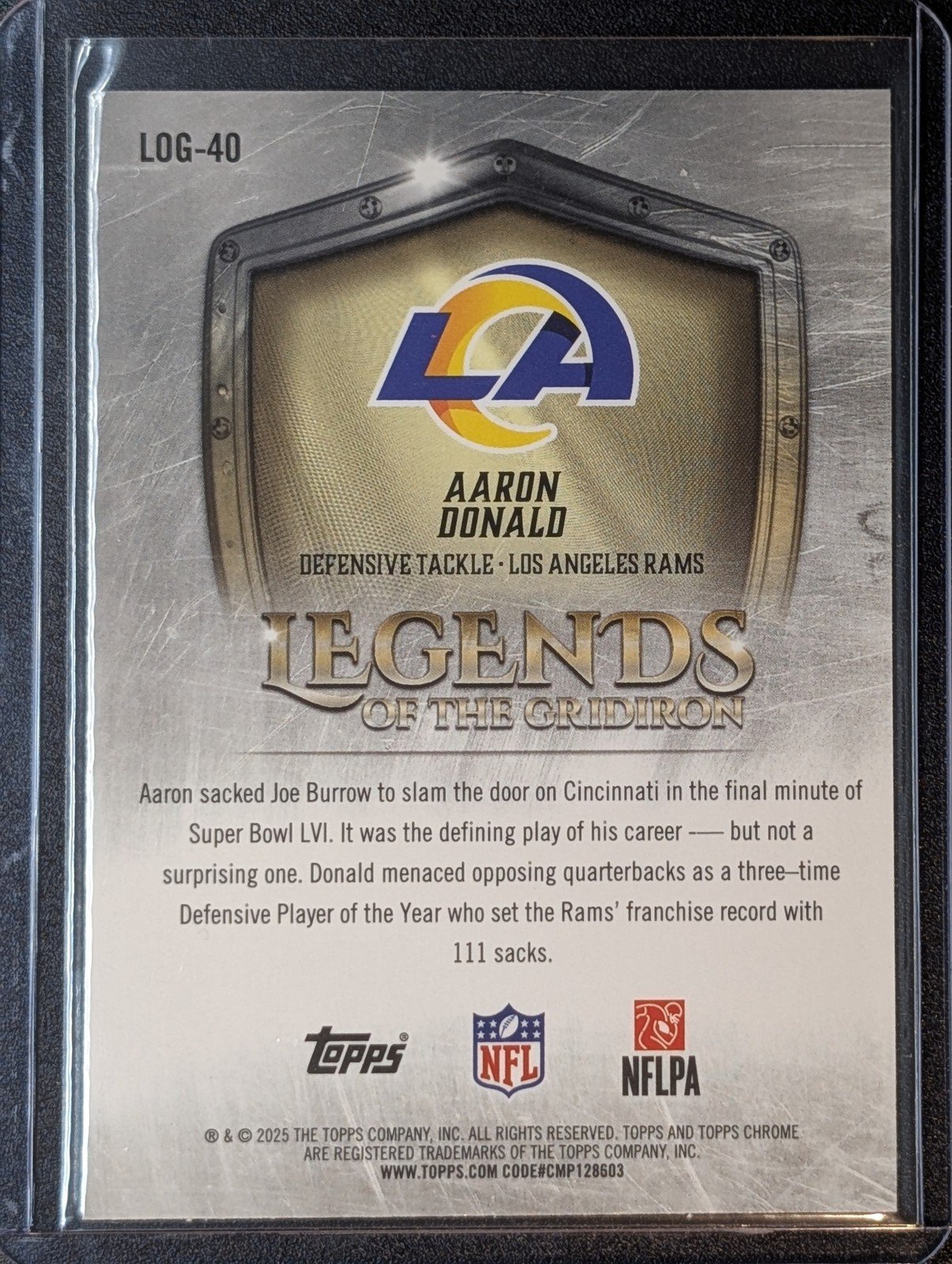 Back of 2025 Topps Chrome #LOG-40 Aaron Donald Legends of the Gridiron