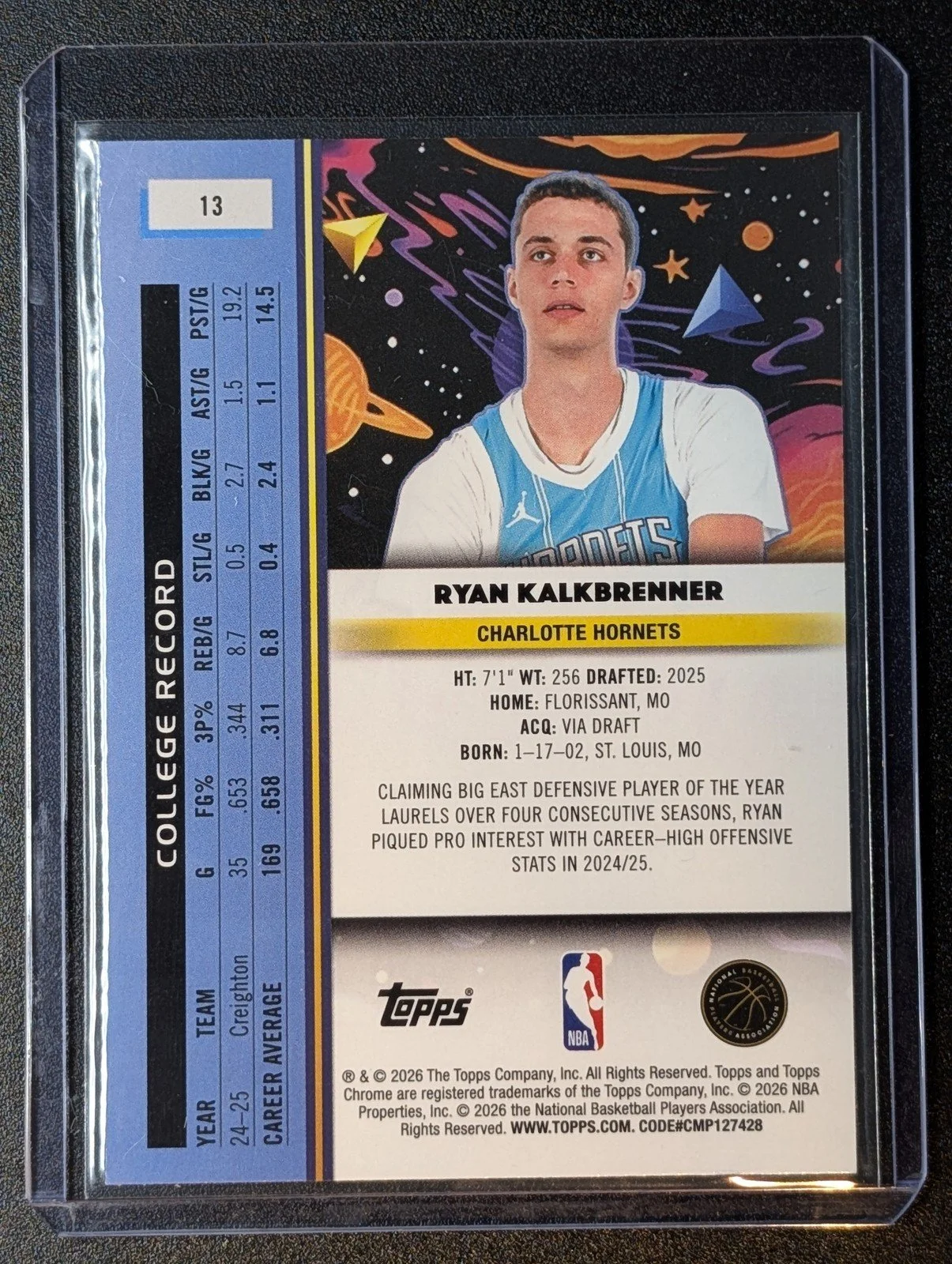 Back of 2025-26 Topps Chrome Cosmic #13 Ryan Kalkbrenner RC