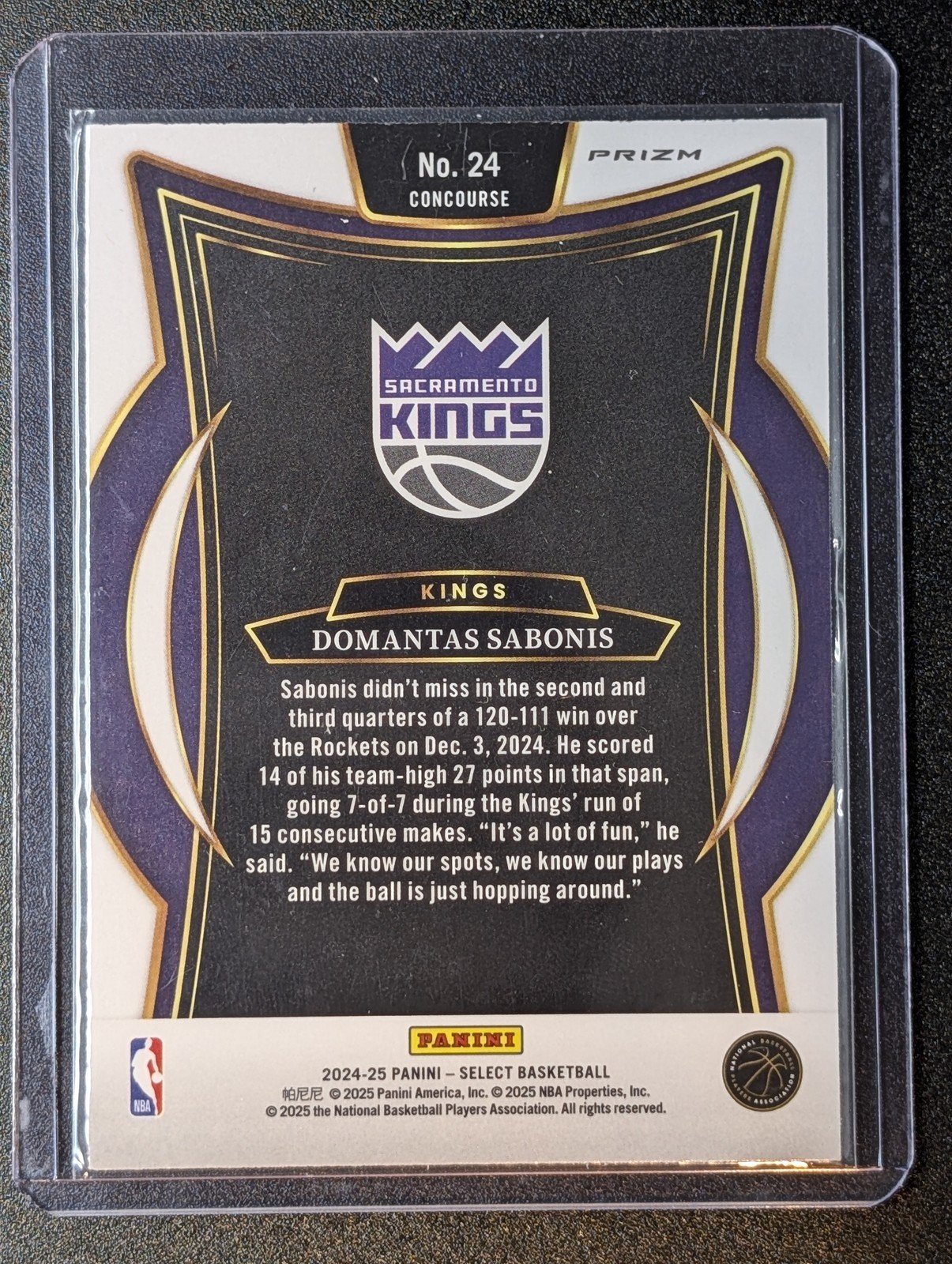 Back of 2024-25 Panini Select #24 Domantas Sabonis Tri-Color Prizm