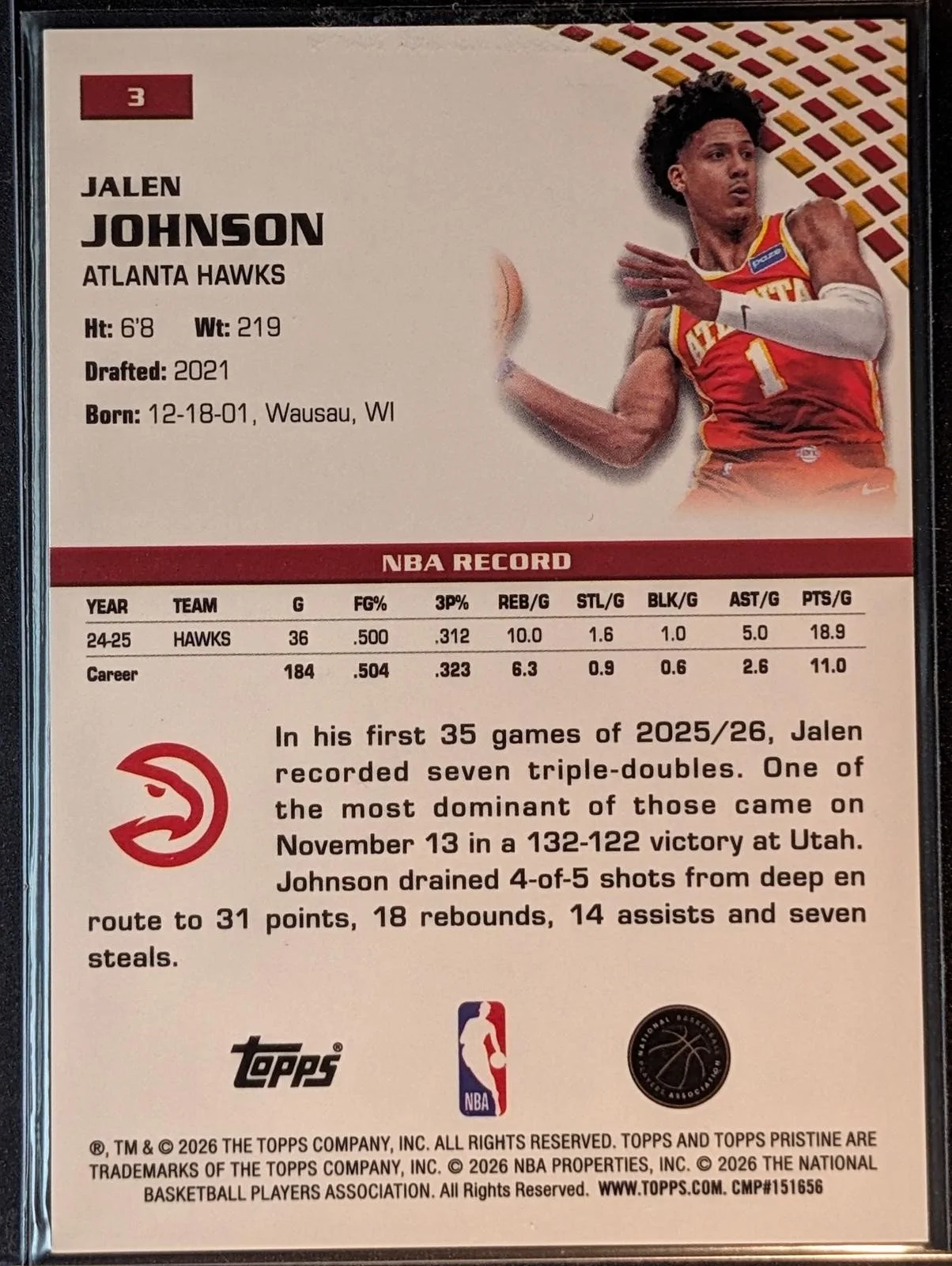 Back of 2025-26 Topps Pristine Basketball /5 Jalen Johnson Red #3