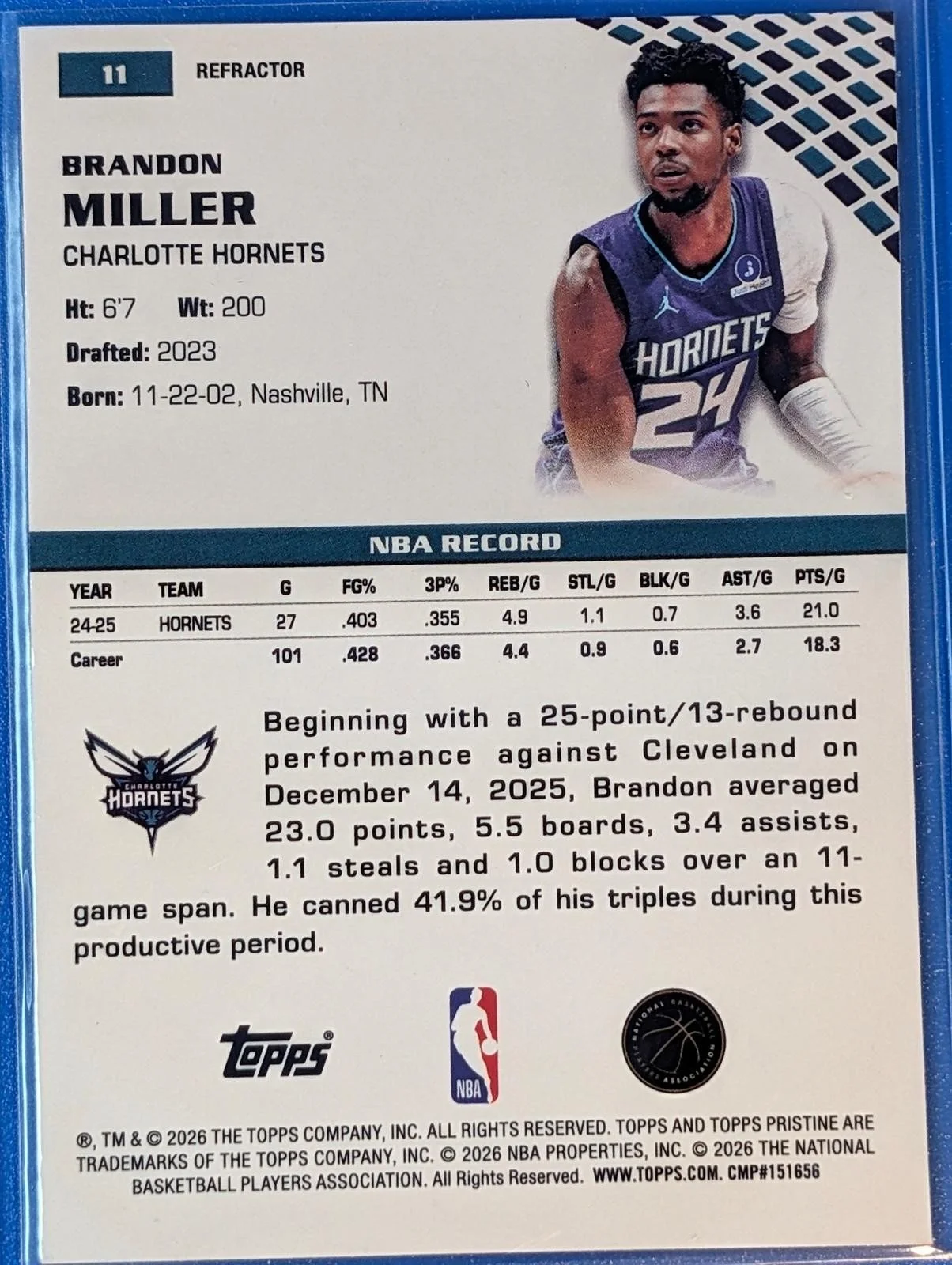 Back of 2025-26 Topps Pristine Brandon Miller Refractor #11