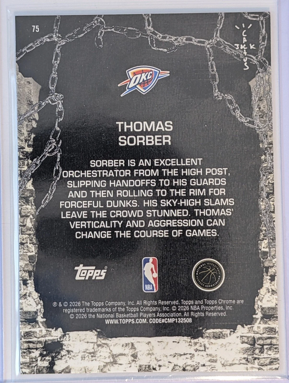 Back of 2025-26 Topps Chrome Cactus Jack /175 #75 Thomas Sorber Lasers Refractor
