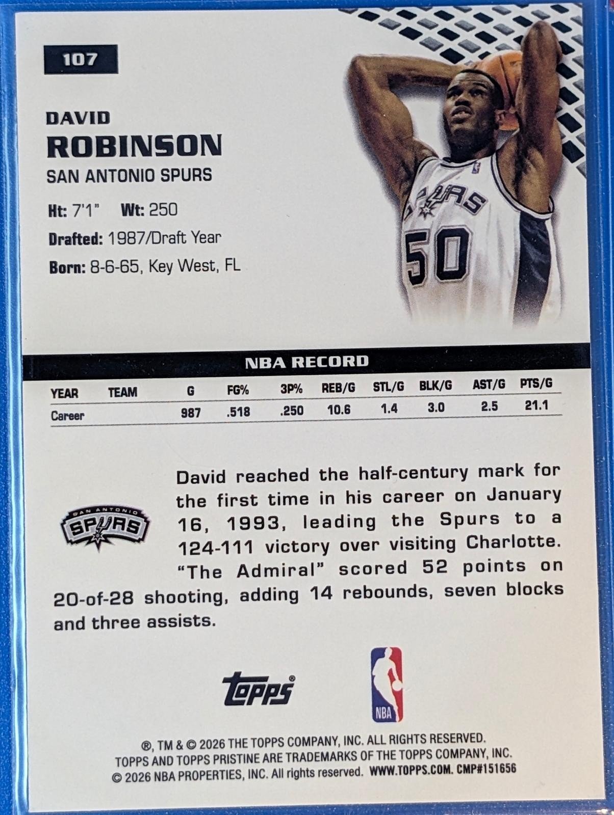 Back of 2025-26 Topps Pristine David Robinson #107