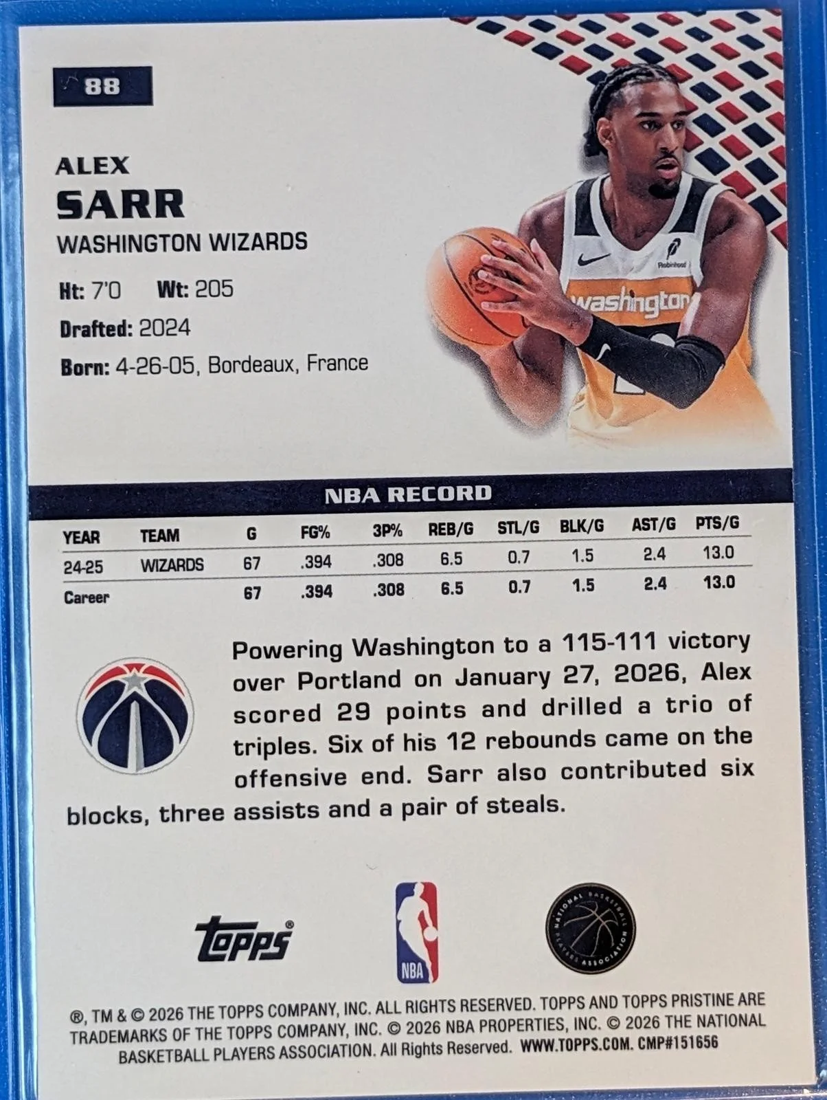 Back of 2025-26 Topps Pristine Alex Sarr #88