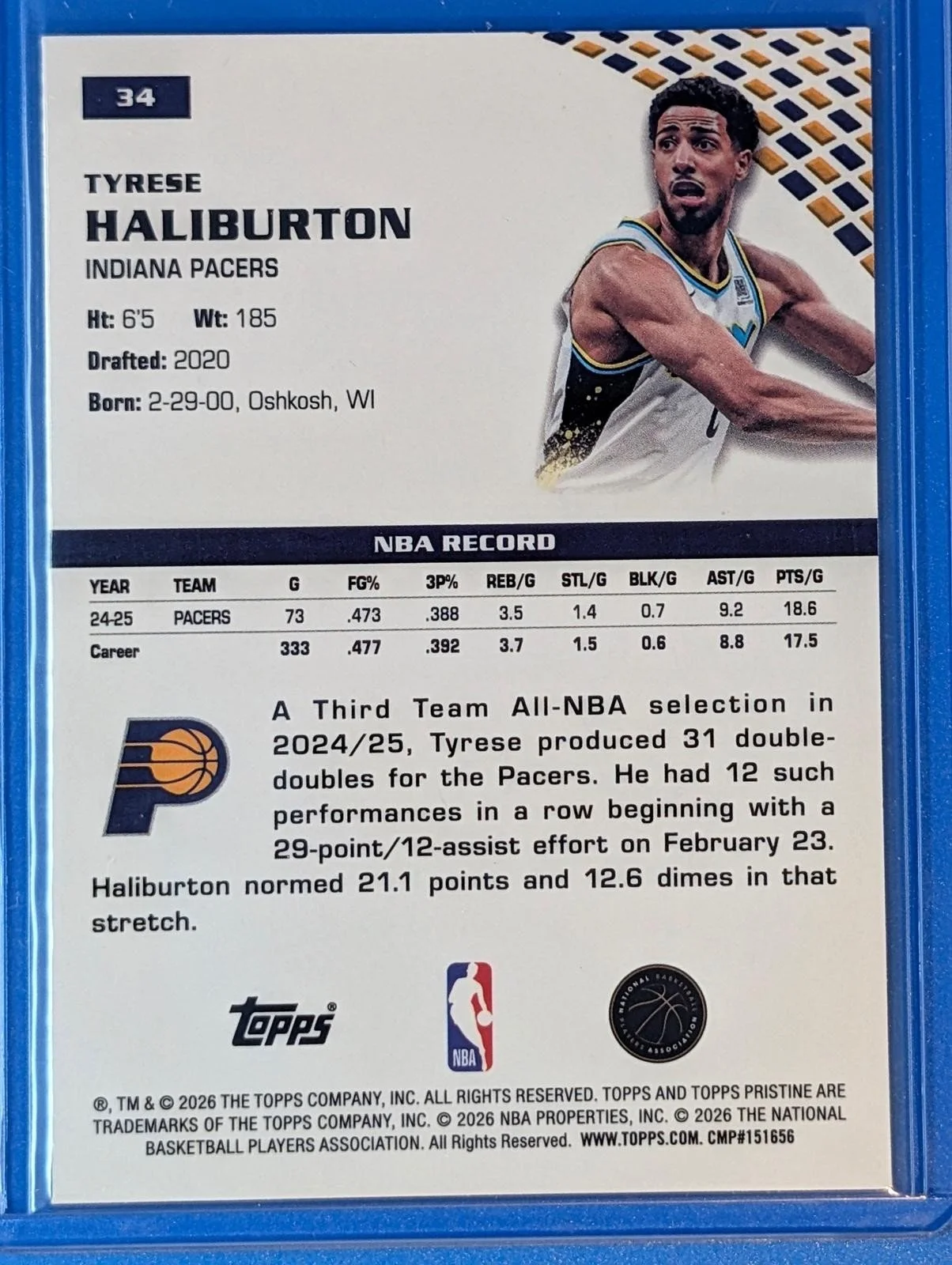 Back of 2025-26 Topps Pristine Basketball Tyrese Haliburton #34