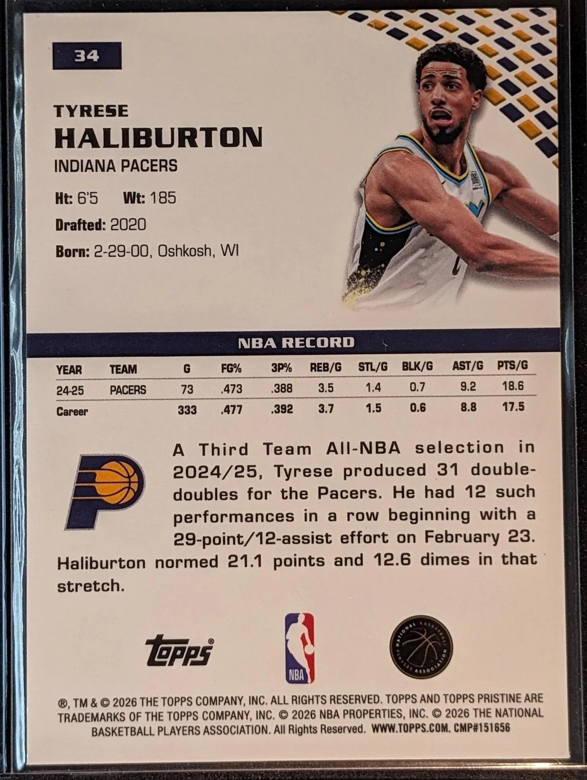 Back of 2025-26 Topps Pristine Basketball Tyrese Haliburton #34