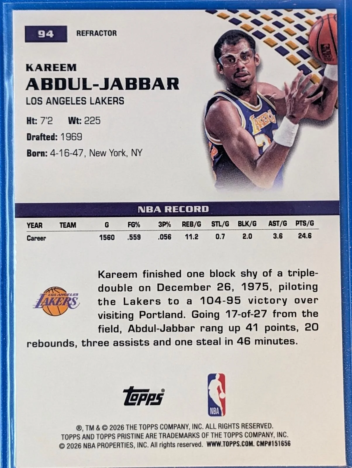 Back of 2025-26 Topps Pristine Kareem Abdul-Jabbar Refractor #94