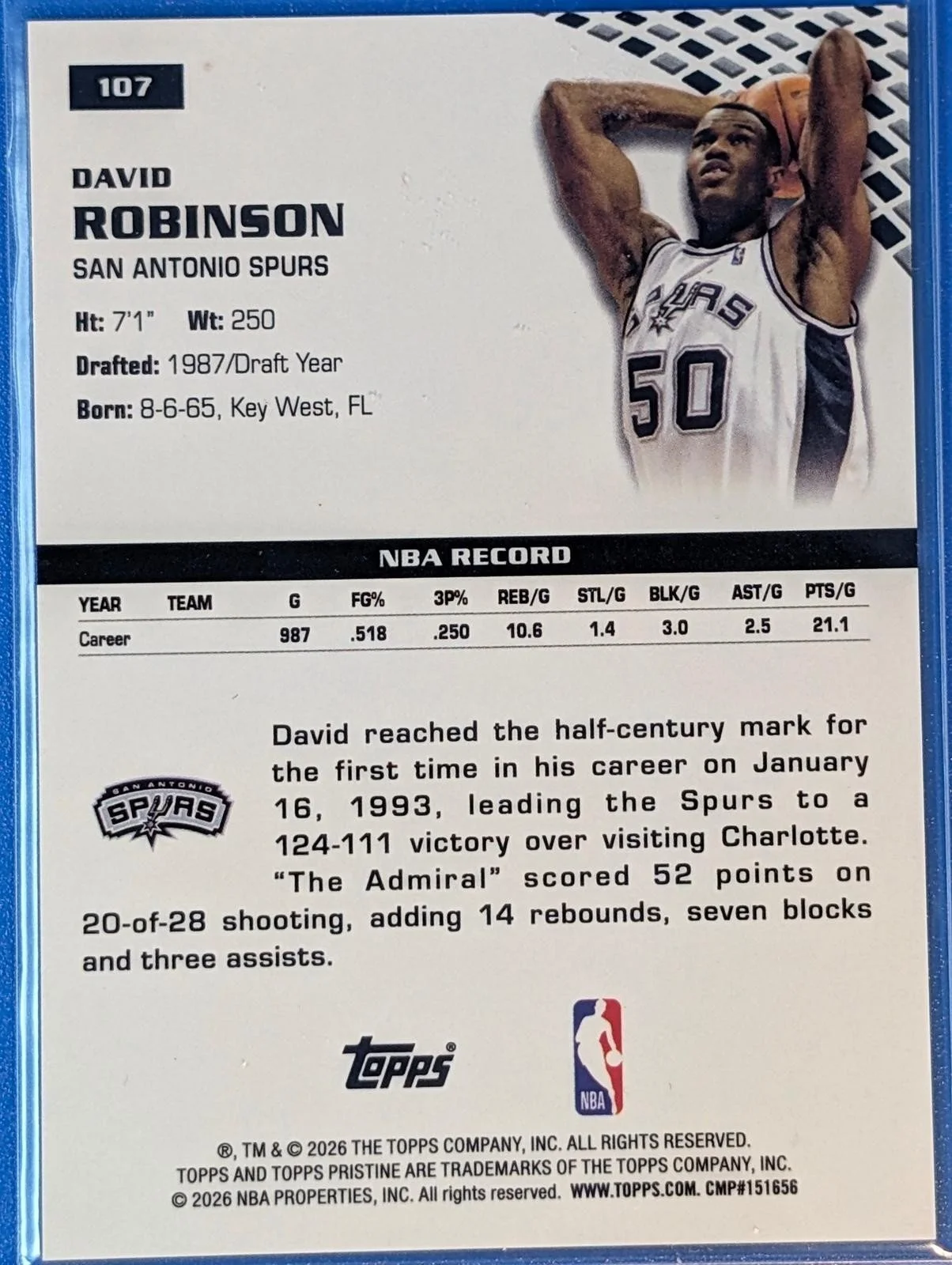 Back of 2025-26 Topps Pristine /50 David Robinson Gold #107