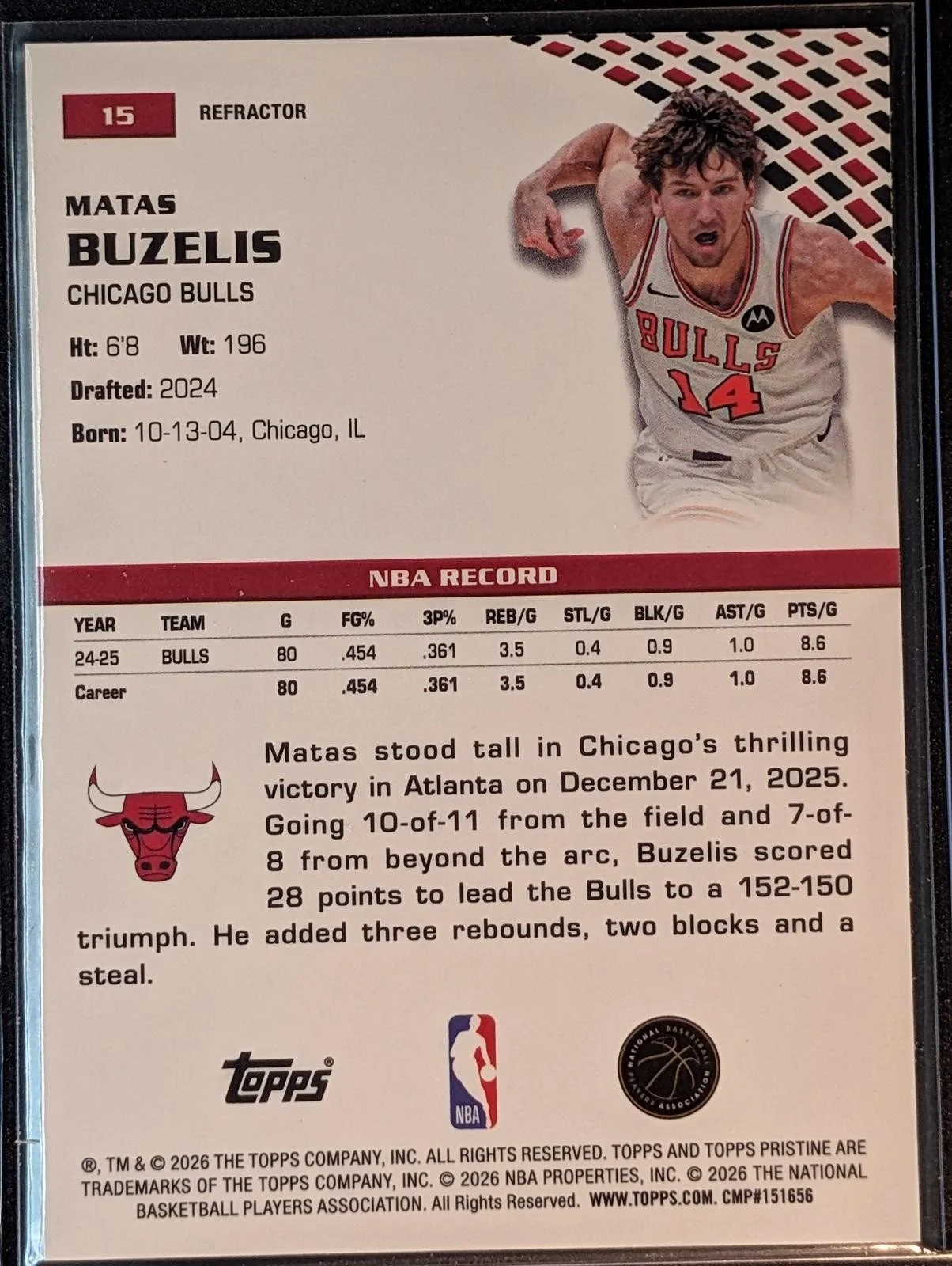Back of 2025-26 Topps Pristine Basketball #15 Matas Buzelis Refractor