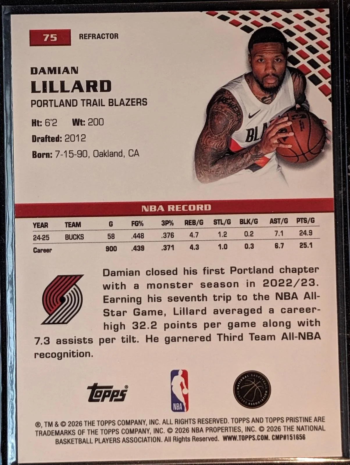 Back of 2025-26 Topps Pristine Basketball #75 Damian Lillard Refractor