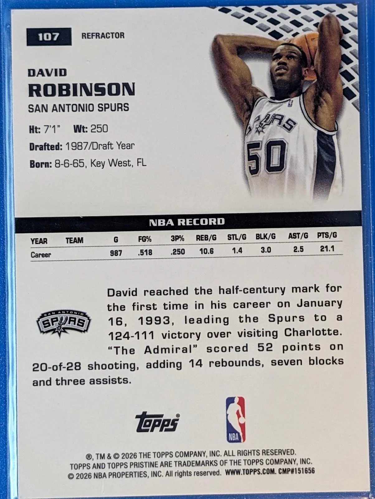 Back of 2025-26 Topps Pristine David Robinson Refractor #107