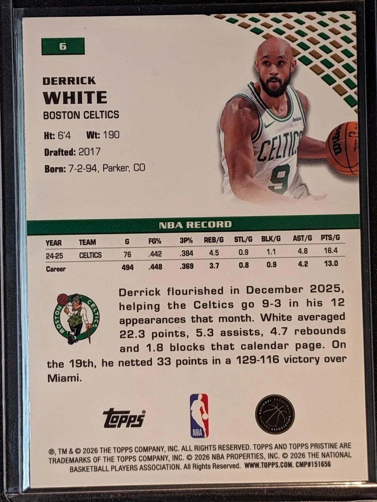 Back of 2025-26 Topps Pristine Basketball Derrick White Paint The Arc Refractor #6