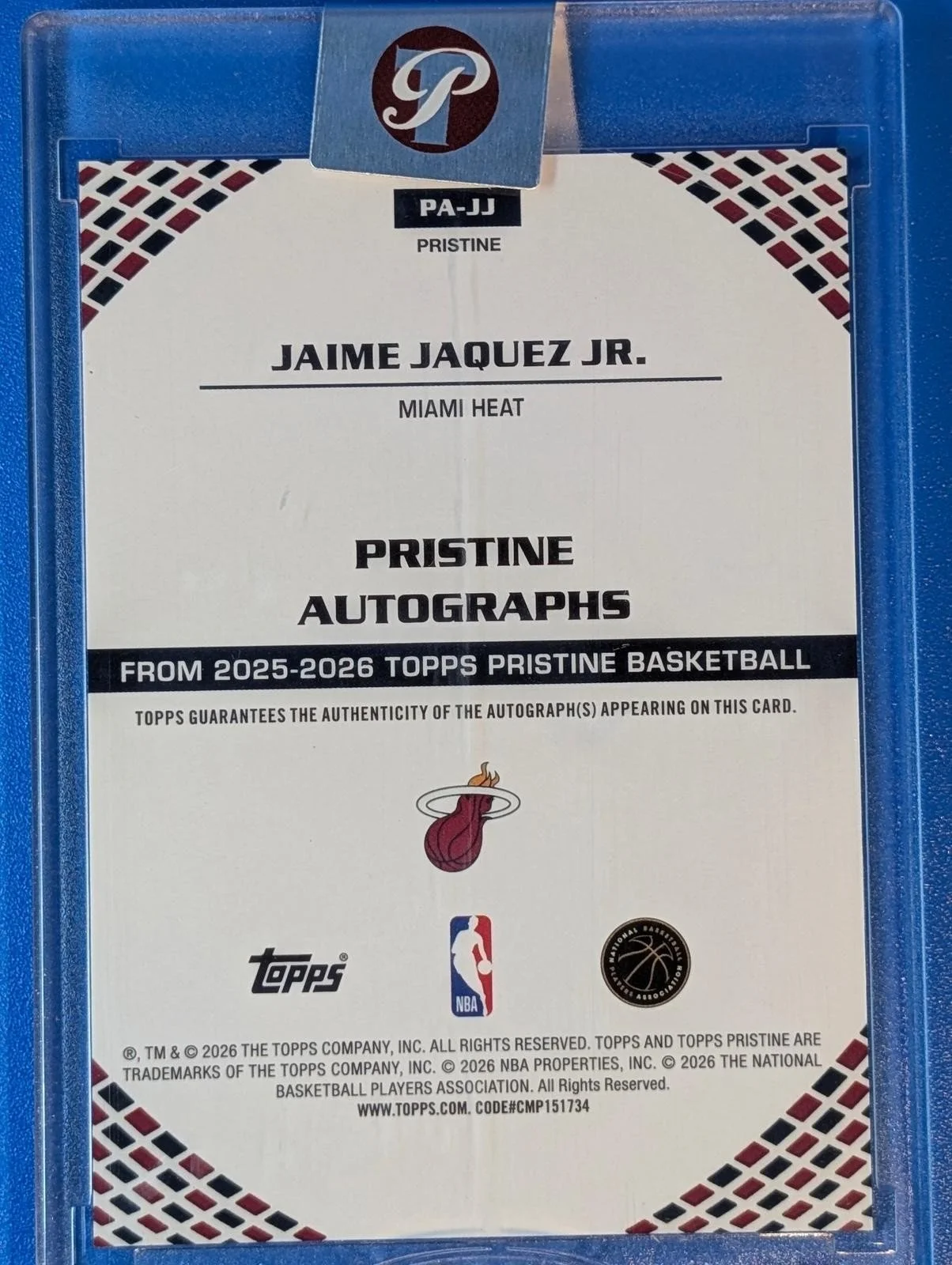 Back of 2025-26 Topps Pristine Jaime Jaquez Jr Pristine Autographs PA-JJ