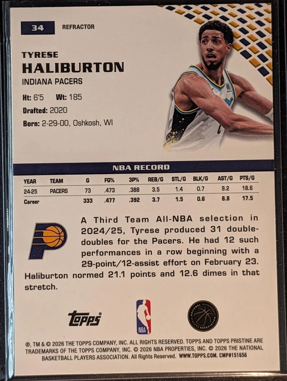 Back of 2025-26 Topps Pristine Basketball #34 Tyrese Haliburton Refractor