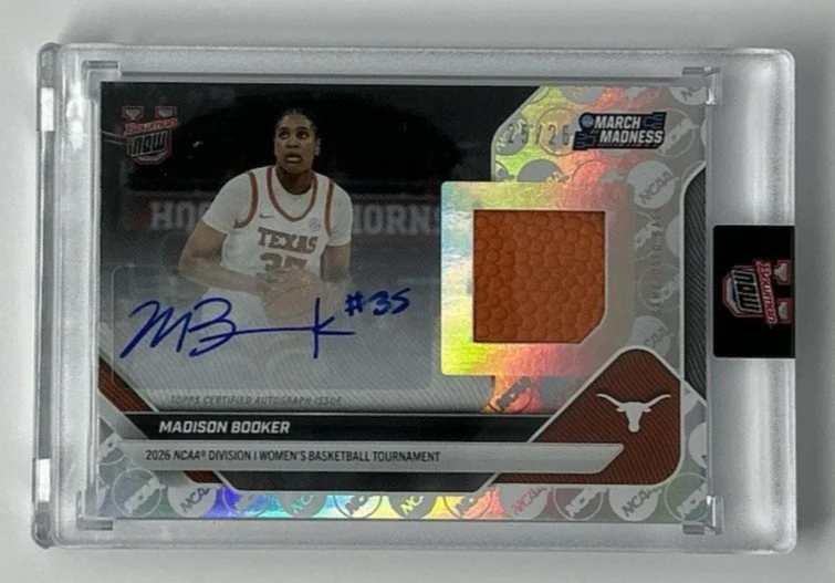 Front of /26 Madison Booker Bowman U March Madness Game Used Ball Relic Auto Inscription