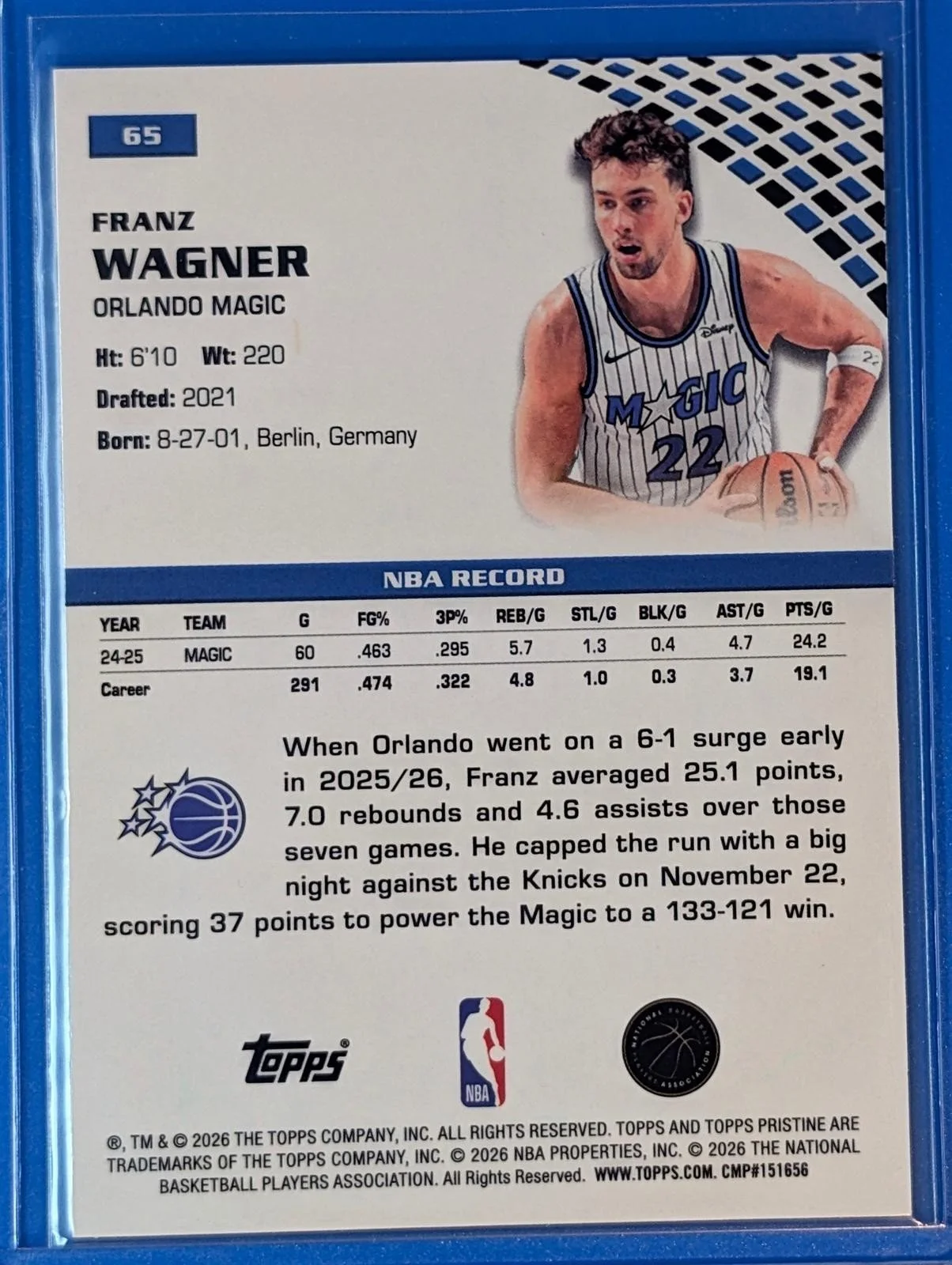 Back of 2025-26 Topps Pristine Basketball Franz Wagner #65