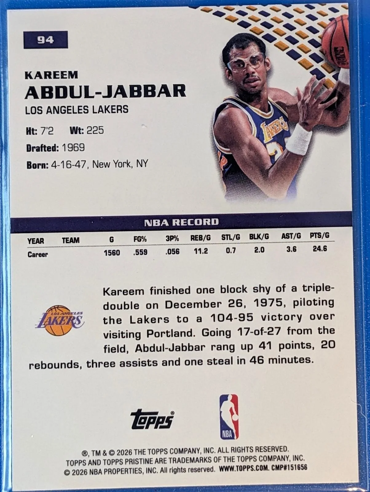 Back of 2025-26 Topps Pristine Kareem Abdul-Jabbar #94