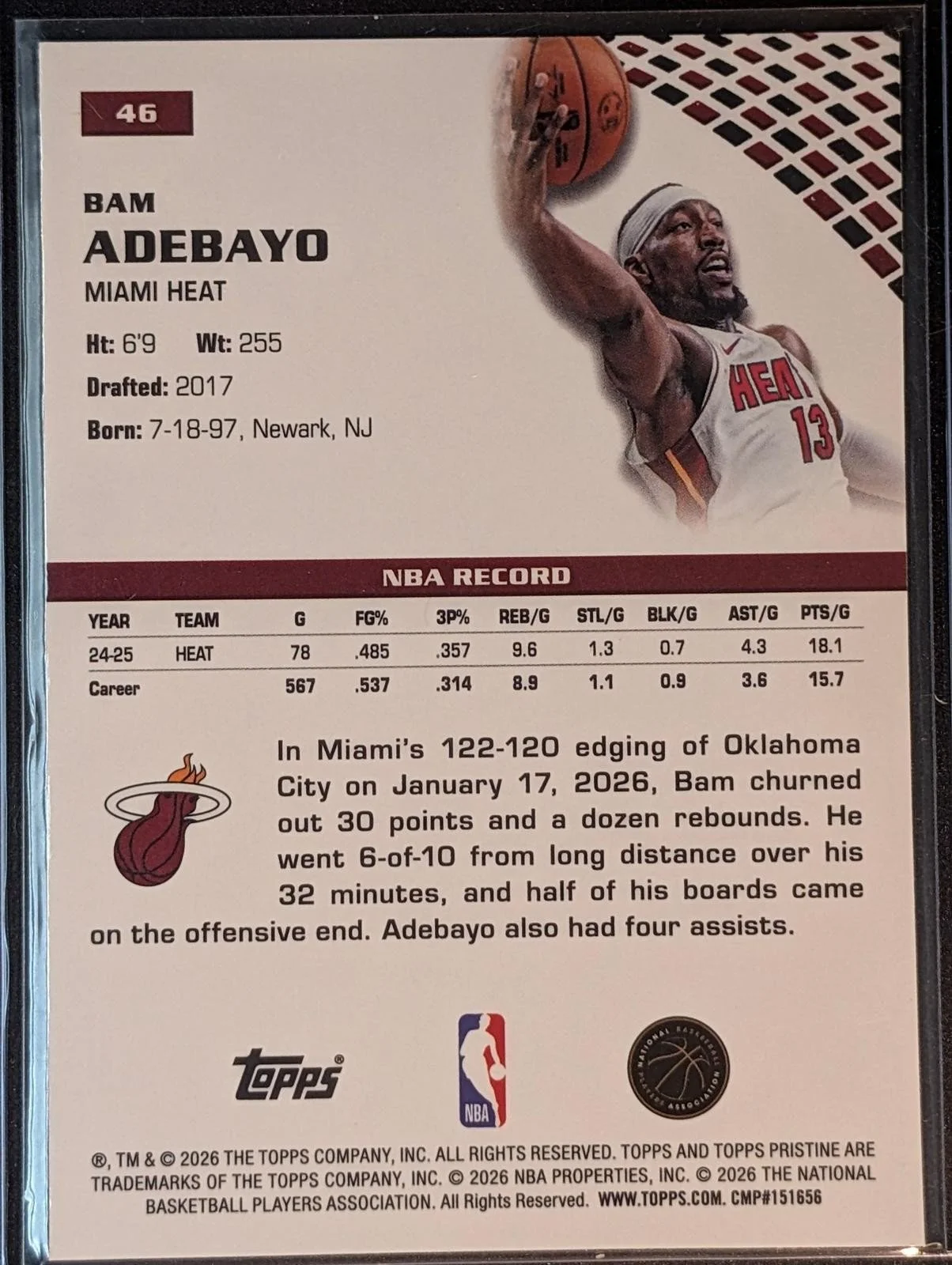 Back of 2025-26 Topps Pristine Basketball Bam Adebayo #46