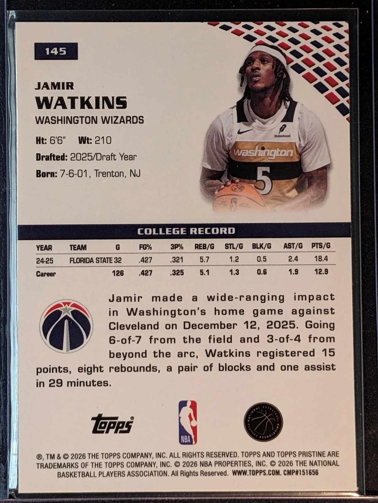 Back of 2025-26 Topps Pristine Basketball Jamir Watkins #145 RC