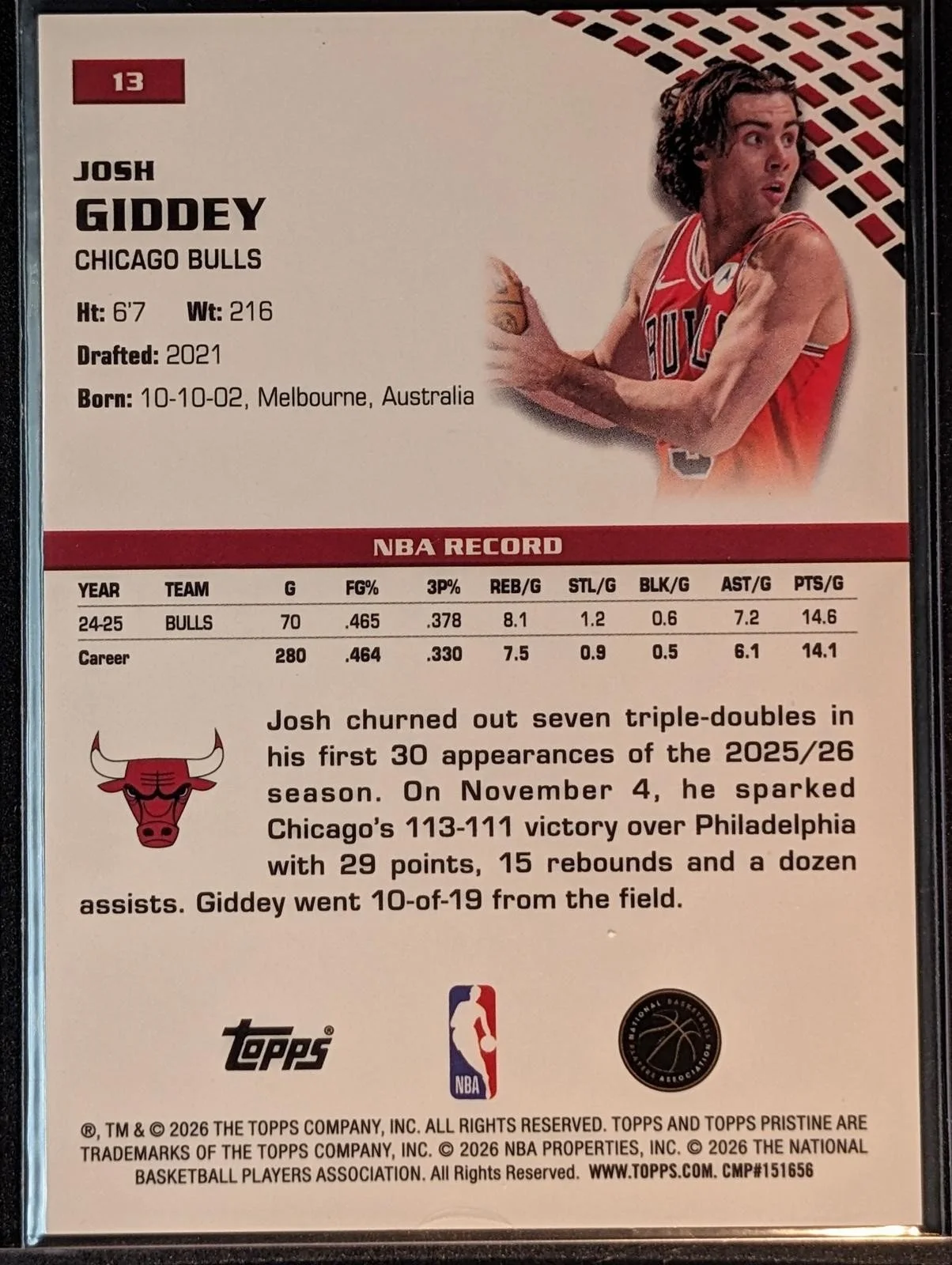Back of 2025-26 Topps Pristine #76 Josh Giddey Green Refractor /150