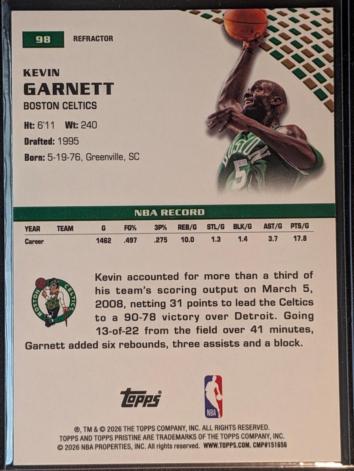 Back of 2025-26 Topps Pristine Basketball #98 Kevin Garnett Refractor