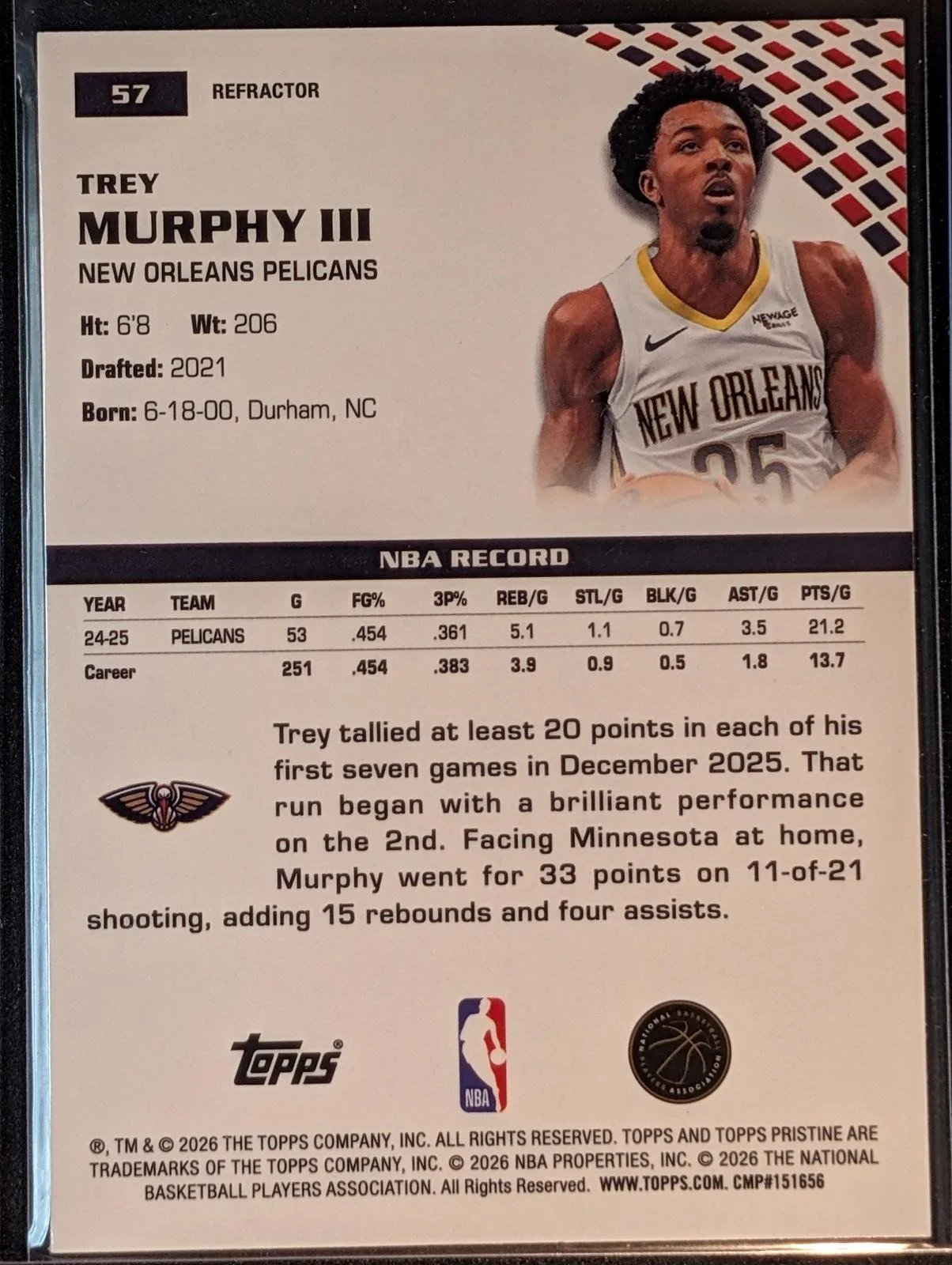 Back of 2025-26 Topps Pristine Basketball #57 Trey Murphy III Refractor