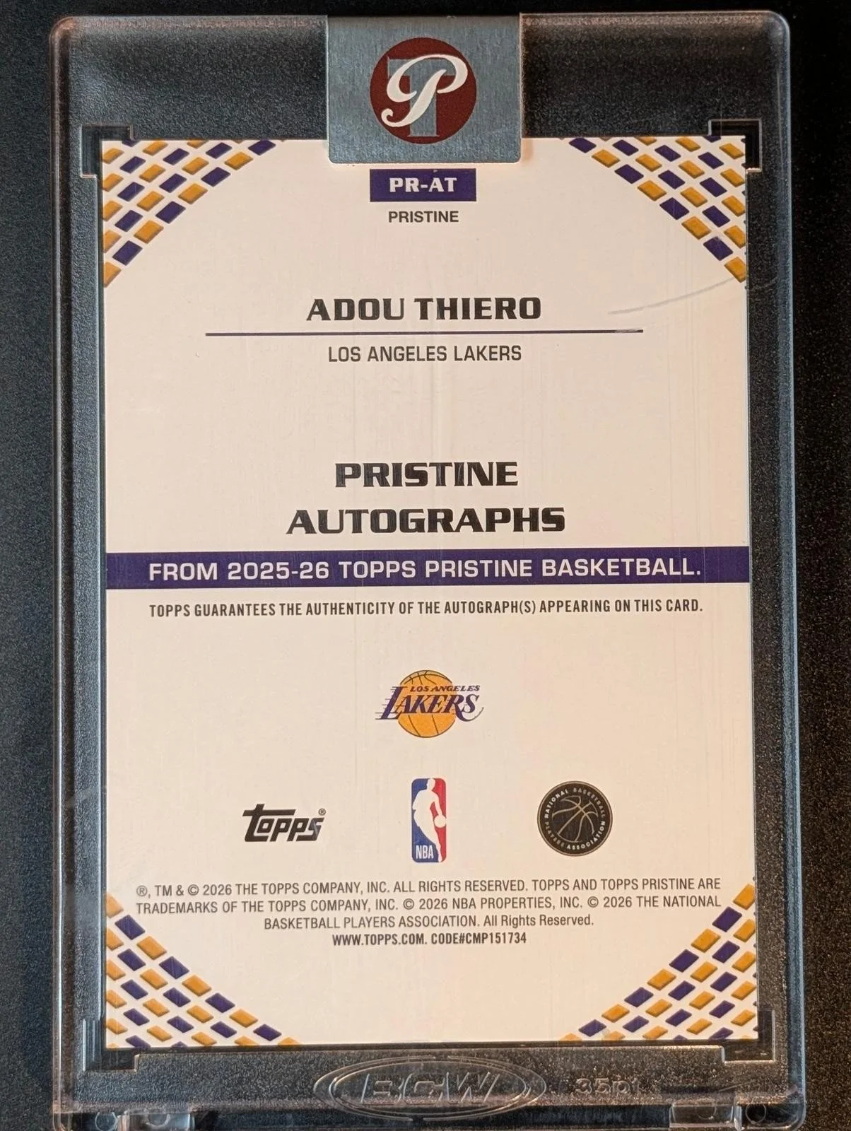 Back of 2025-26 Topps Pristine Basketball /75 Adou Thiero Pristine Autographs #PR-AT RC