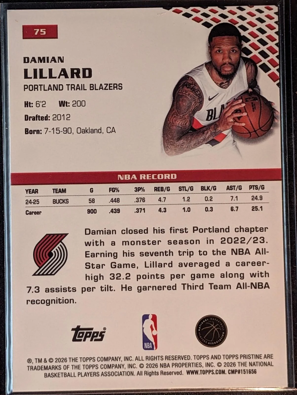Back of 2025-26 Topps Pristine Basketball Damian Lillard #75