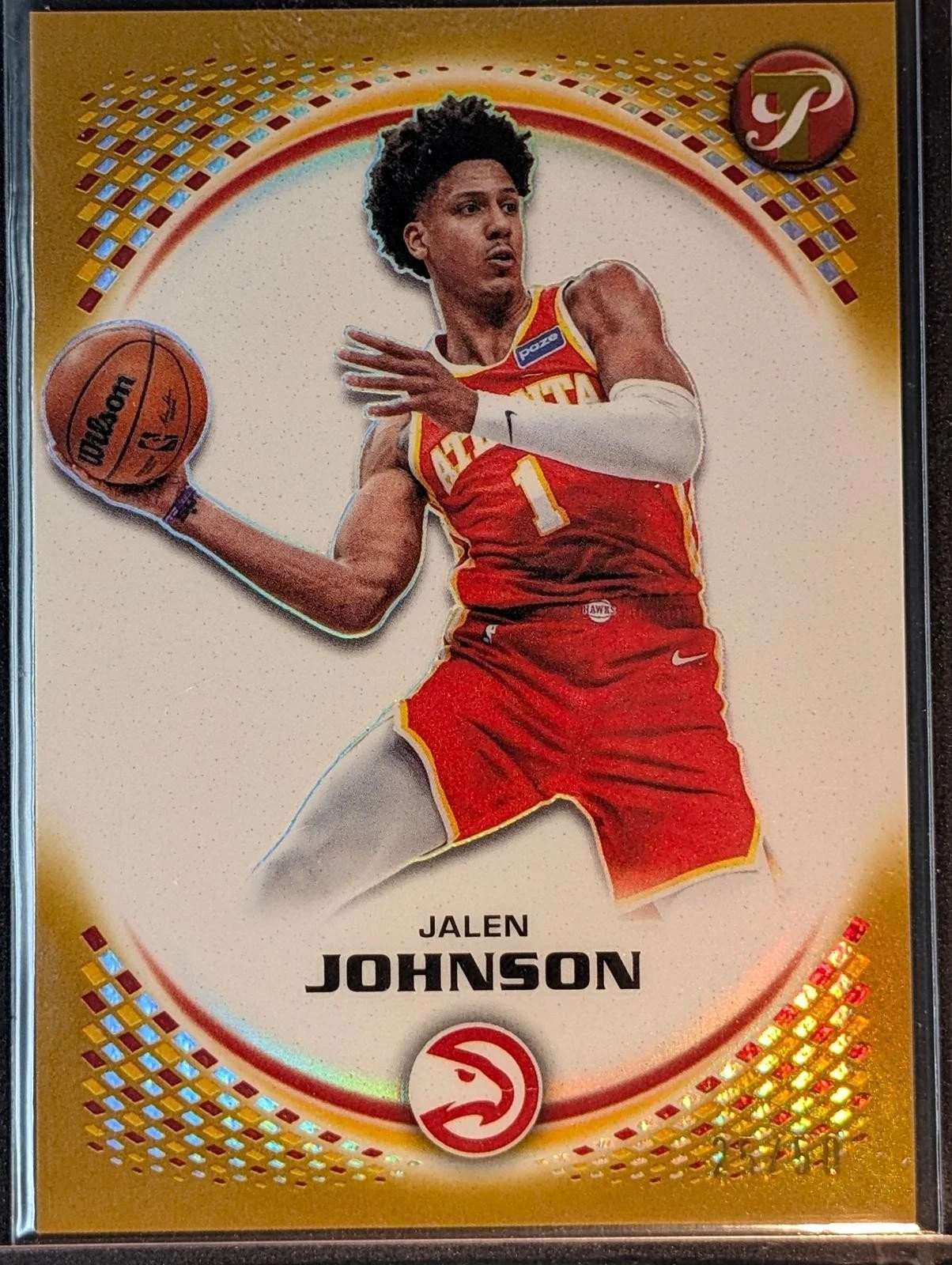 Front of 2025-26 Topps Pristine Basketball #3 Jalen Johnson Gold Refractor