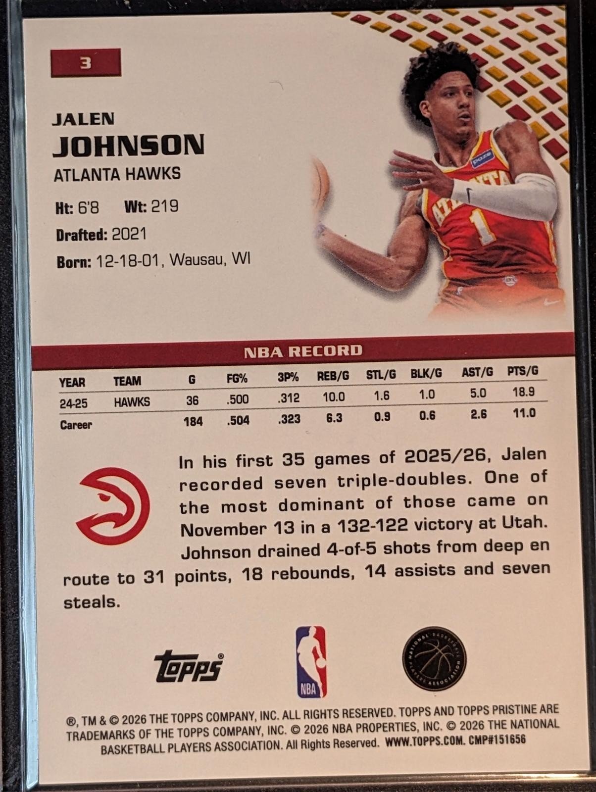 Back of 2025-26 Topps Pristine Basketball #3 Jalen Johnson Gold Refractor
