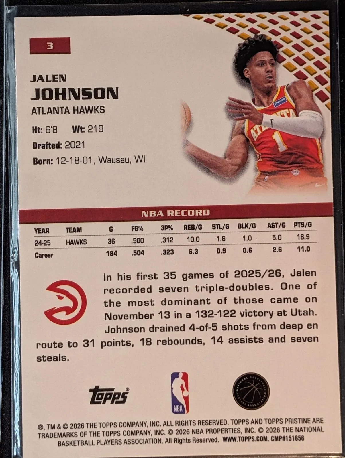 Back of 2025-26 Topps Pristine Basketball Jalen Johnson #3