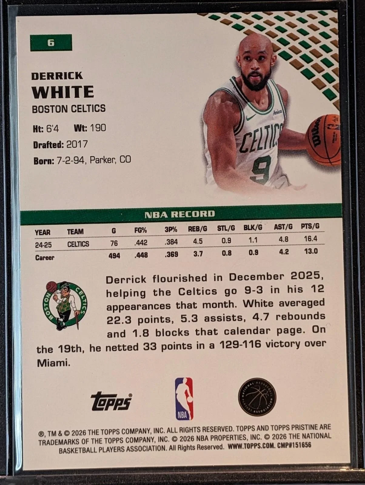 Back of 2025-26 Topps Pristine Basketball Derrick White #6
