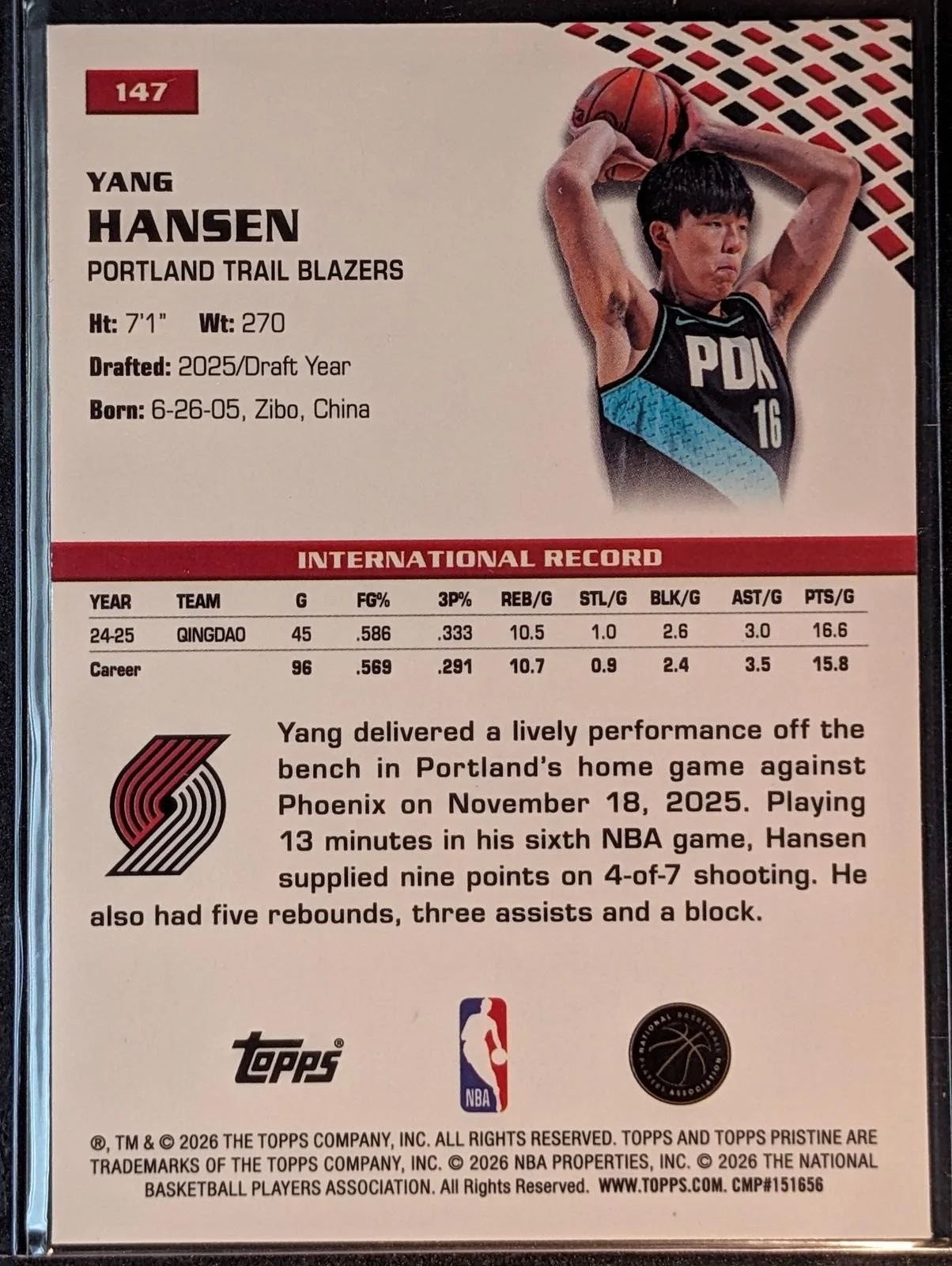 Back of 2025-26 Topps Pristine Basketball Yang Hansen #147 RC