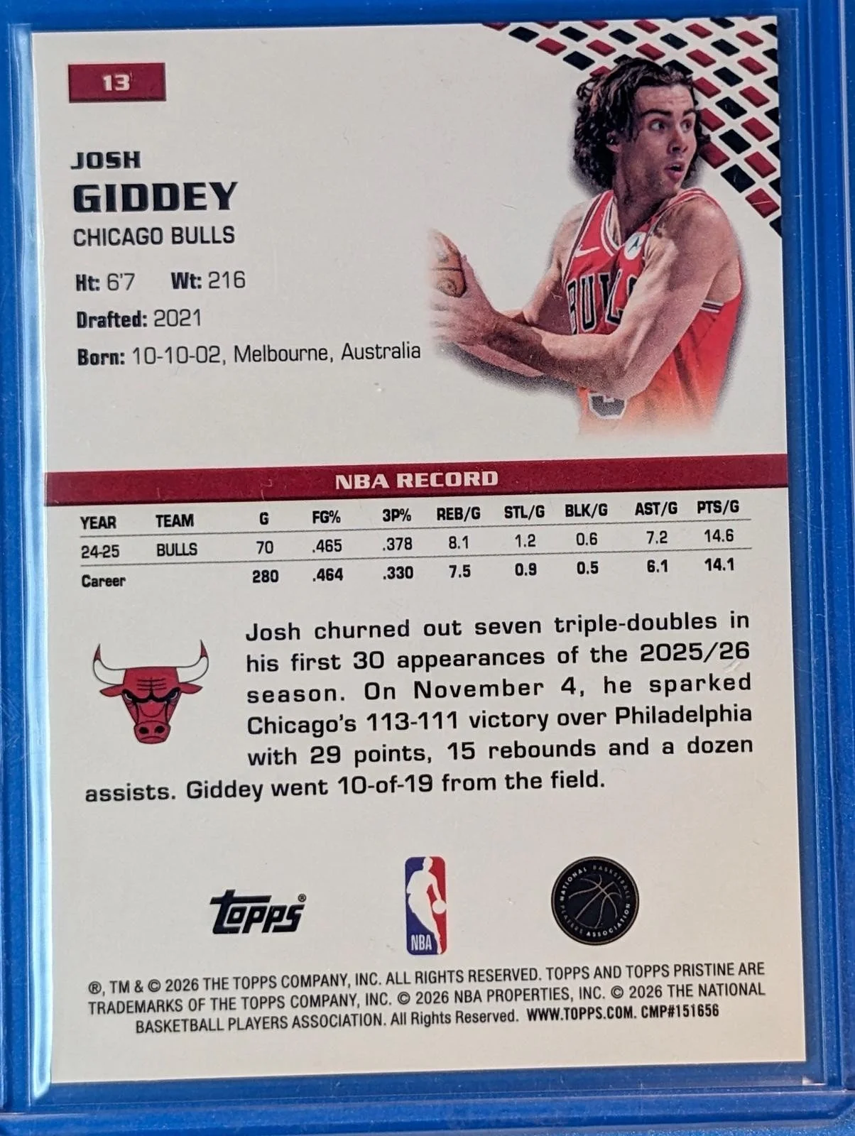 Back of 2025-26 Topps Pristine Basketball #13 Josh Giddey Lavender Refractor /125
