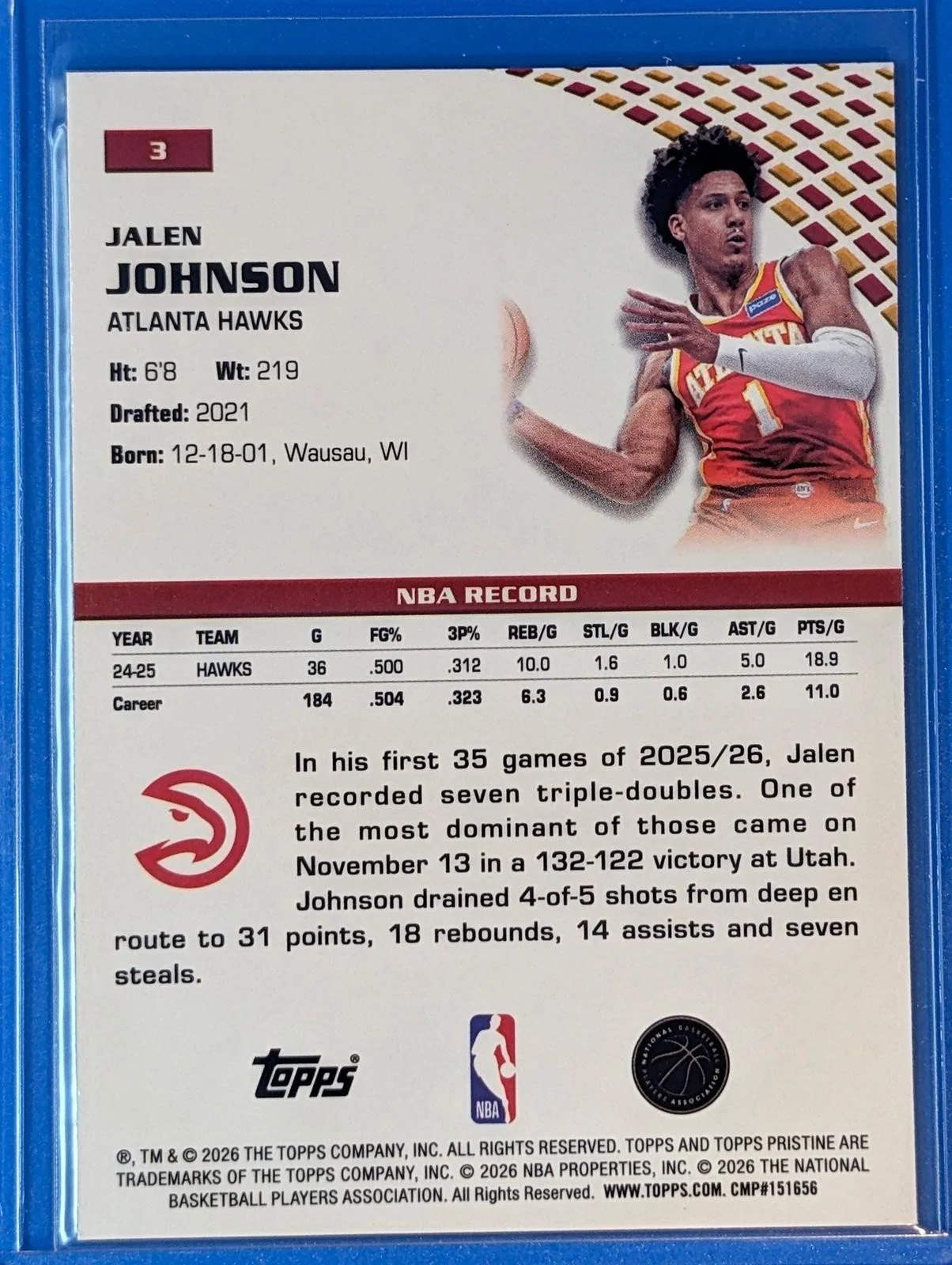 Back of 2025-26 Topps Pristine Basketball Jalen Johnson #3
