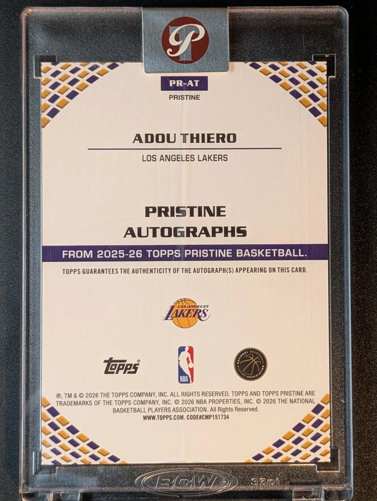 Back of 2025-26 Topps Pristine Basketball /75 Adou Thiero Pristine Autographs #PR-AT RC