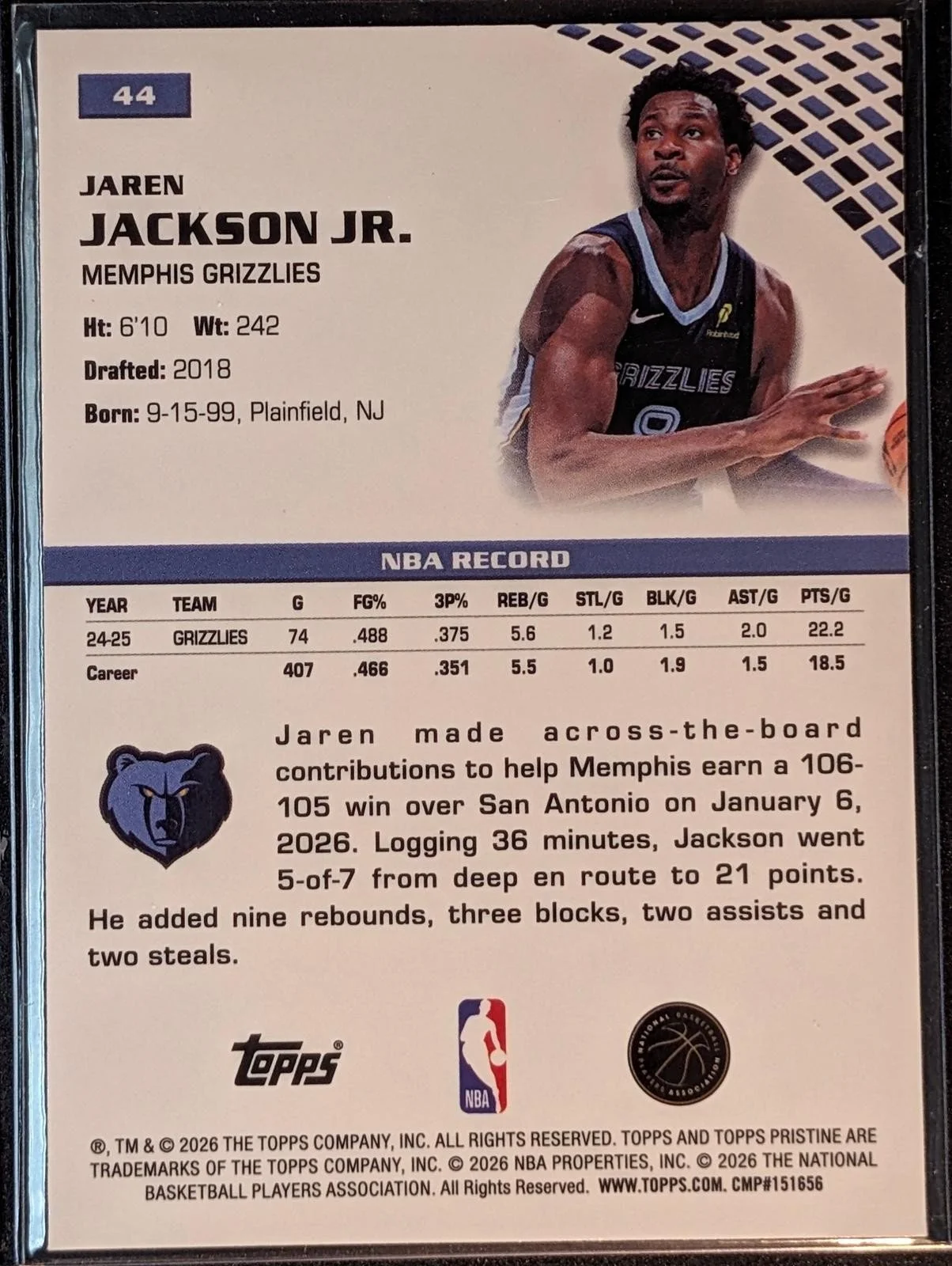 Back of 2025-26 Topps Pristine Basketball Jaren Jackson Jr. #44
