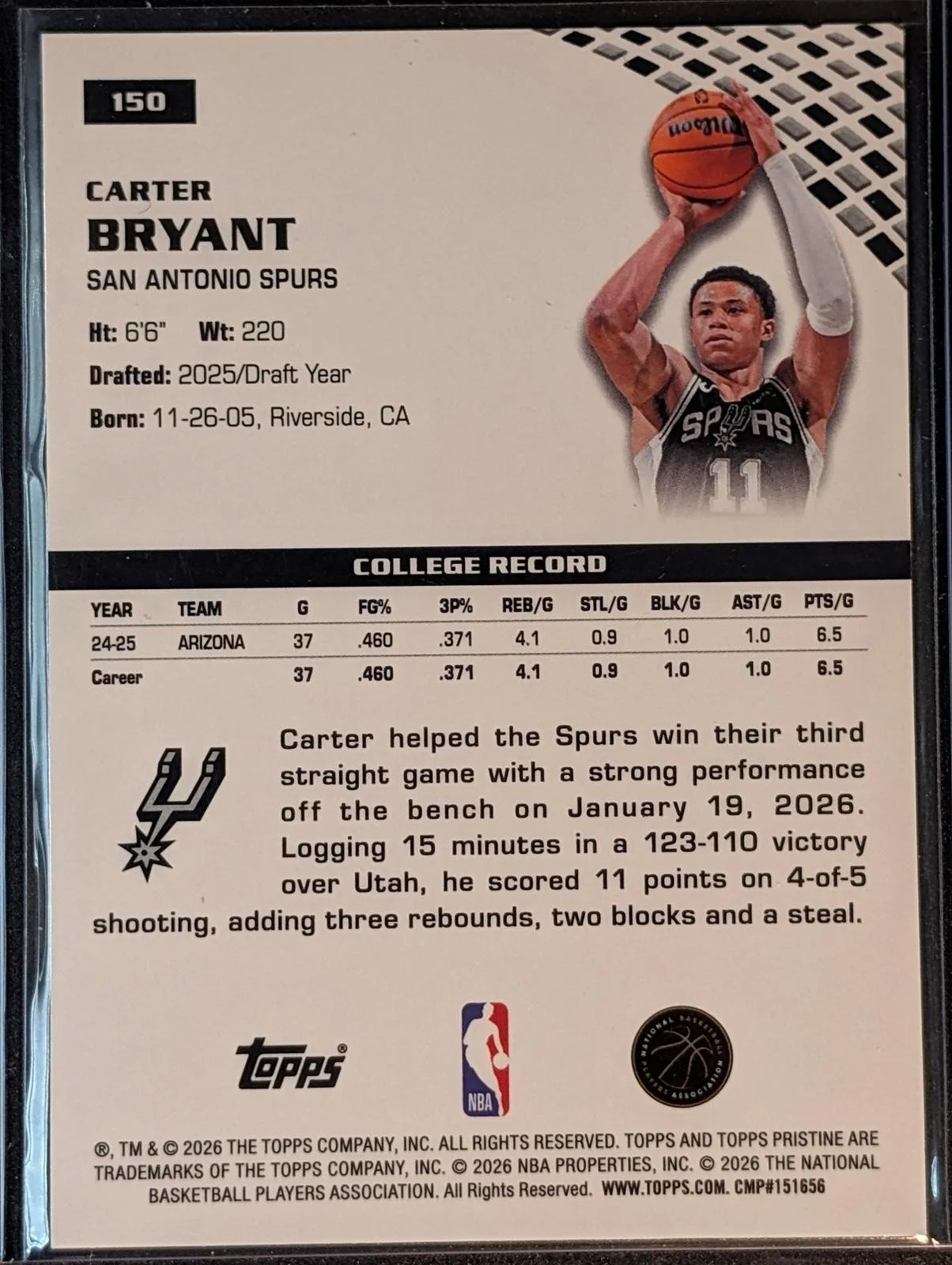 Back of 2025-26 Topps Pristine Basketball Carter Bryant #150 RC